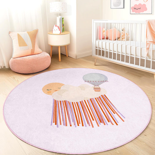 Dreamy Hot Air Balloon Round Kids Rug, Cloud Pattern Play Mat, Nursery Decor, Soft Round Carpet for Children's Room