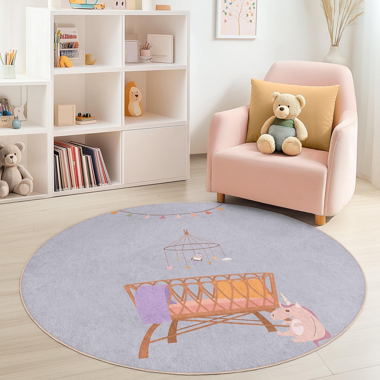 Whimsical Unicorn Round Kids Play Rug, Cute Nursery Carpet, Soft Baby Room Mat, Round Playroom Decor, Playful Unicorn Theme