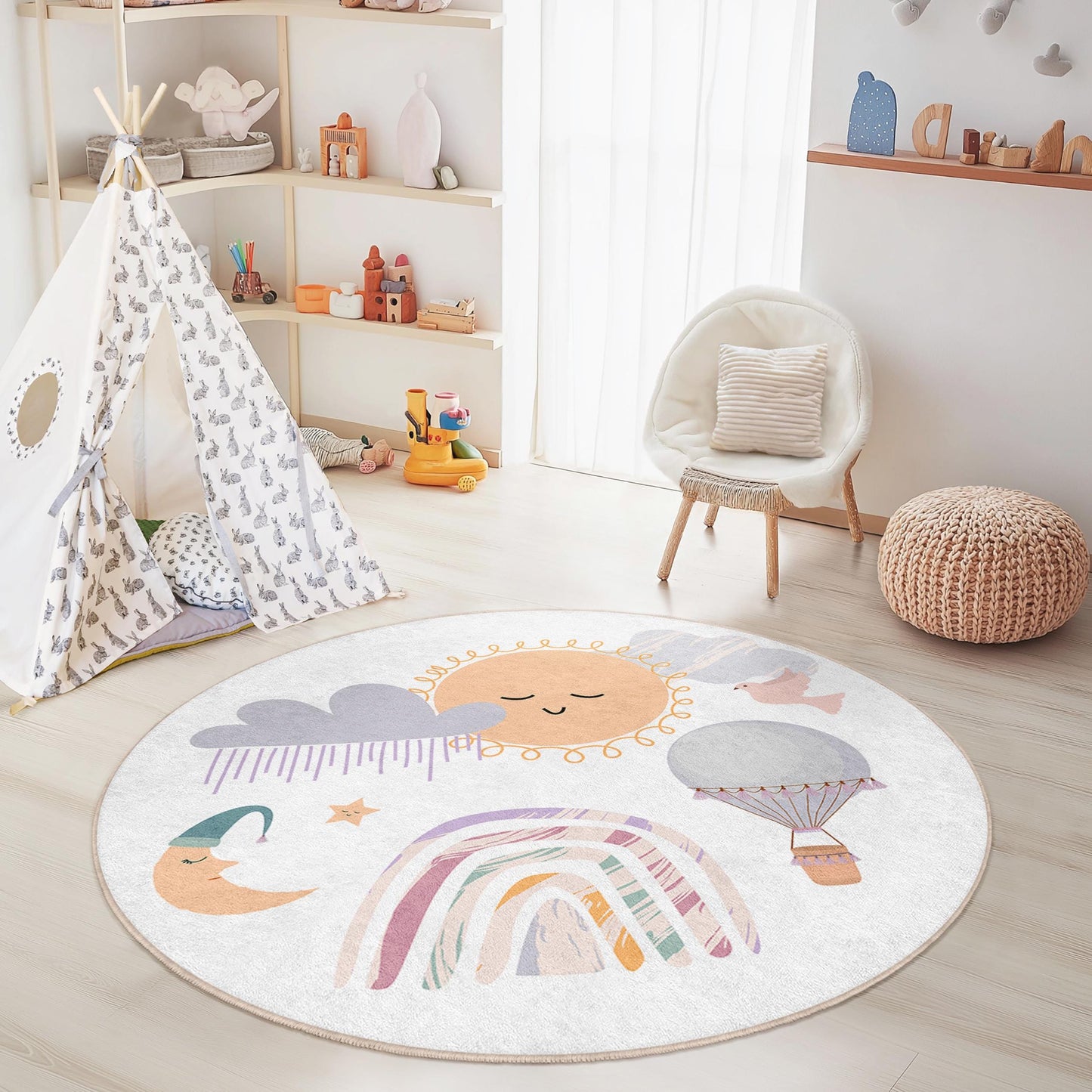 Runder Spielteppich „Sonnentag“ für Kinder, Teppich mit Himmelsmotiv fürs Kinderzimmer, niedliches Regenbogen- und Ballondesign, gemütliche Spielmatte fürs Kinderzimmer