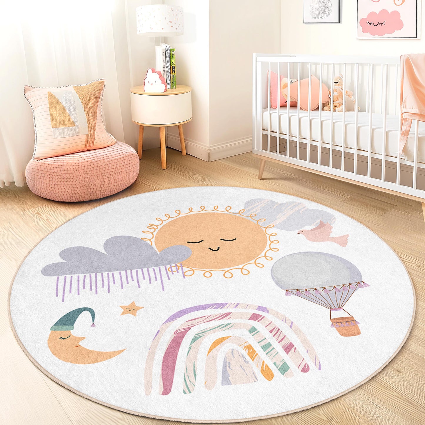 Runder Spielteppich „Sonnentag“ für Kinder, Teppich mit Himmelsmotiv fürs Kinderzimmer, niedliches Regenbogen- und Ballondesign, gemütliche Spielmatte fürs Kinderzimmer