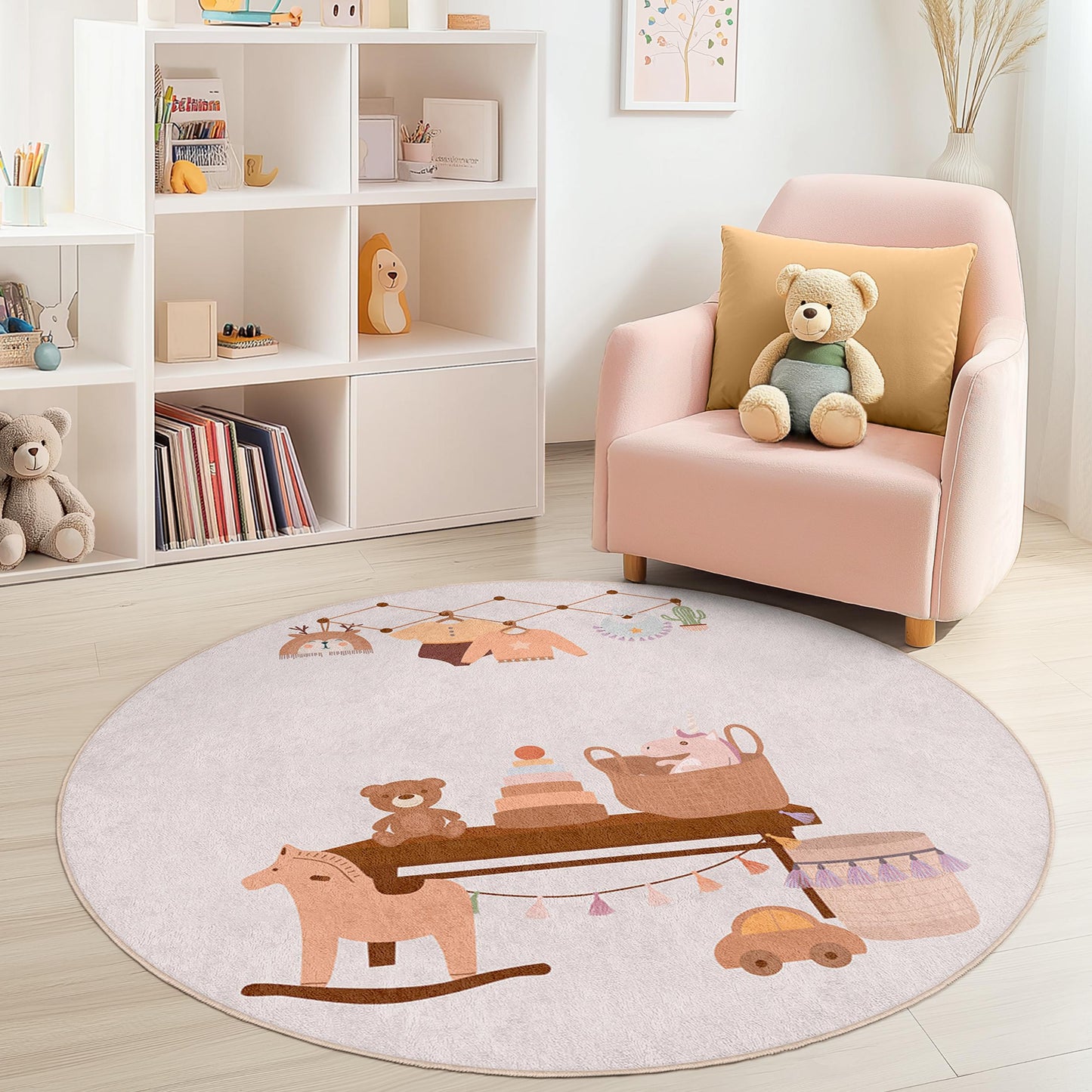 Niedlicher runder Kinderzimmerteppich, verspielte Kinderzimmerdekoration, weiche Spielmatte für Babys, bezaubernder Teppich mit Tiermotiven, gemütlicher Teppich für Kleinkinderzimmer
