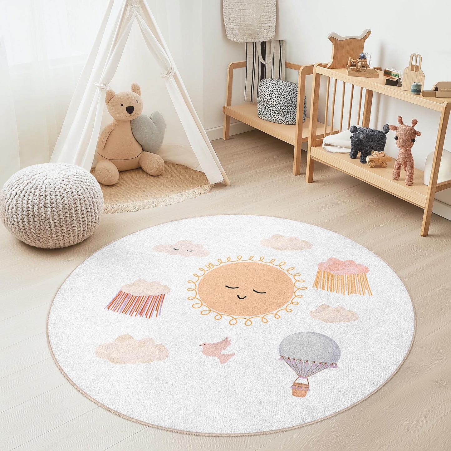 Sunny Sky Round Kids Rug, Cute Clouds and Hot Air Balloon Design, Playroom Decor, Nursery Carpet, Children's Room Rug