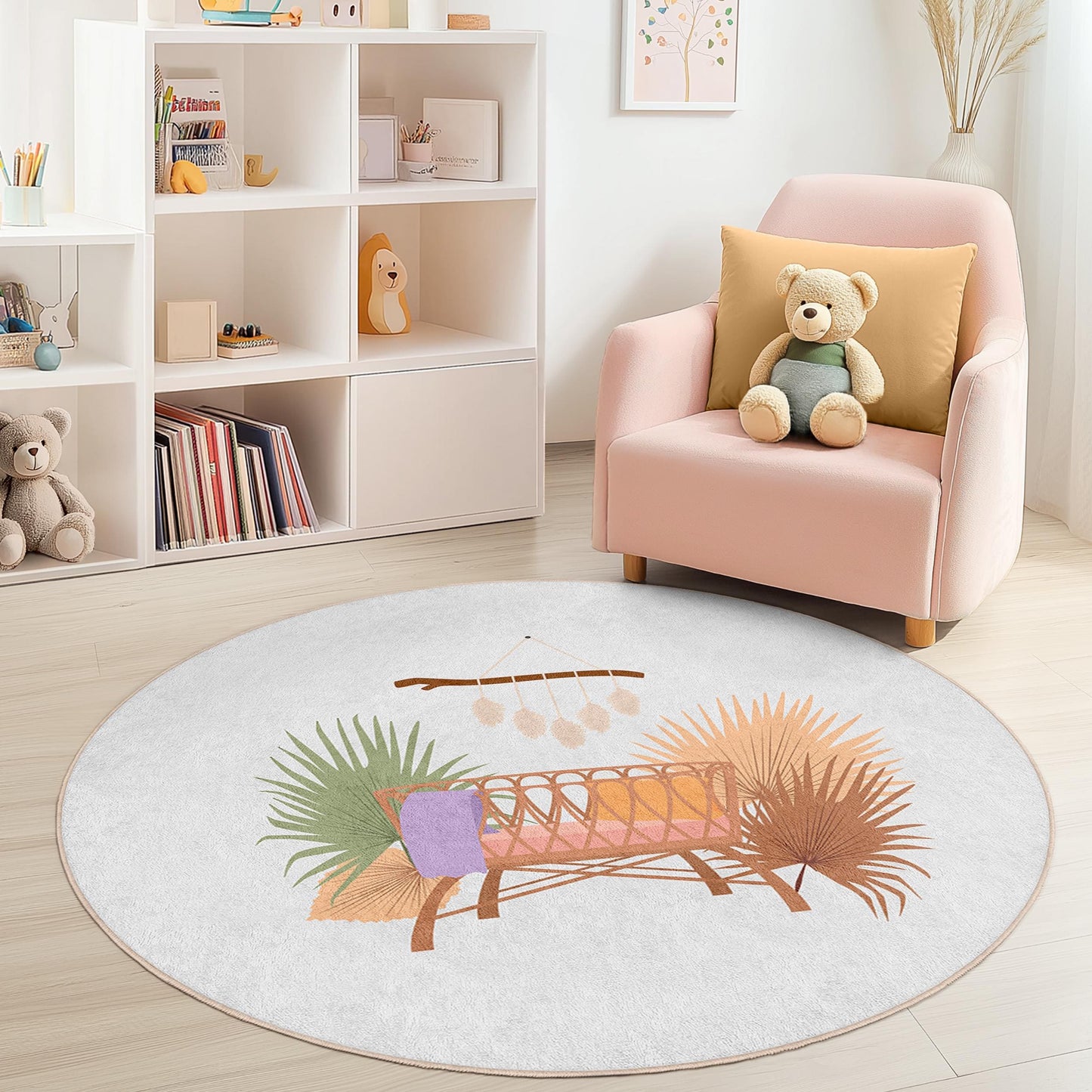 Runder Kinderzimmerteppich mit tropischen Pflanzen, weiche Spielmatte für Kinder, Babyzimmerdekoration, umweltfreundlicher runder Teppich, gemütlicher Kinderzimmerteppich