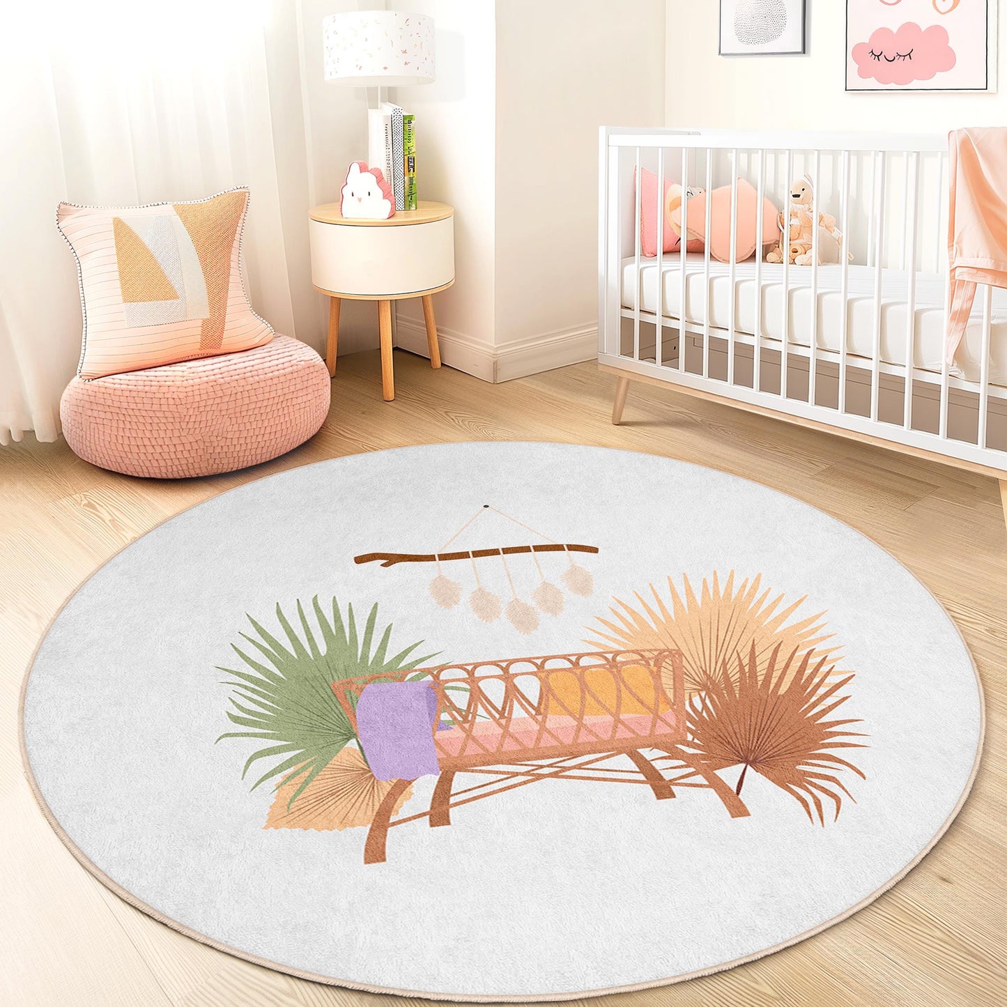 Round Nursery Rug with Tropical Plants, Soft Kids Play Mat, Baby Room Decor, Eco-Friendly Round Rug, Cozy Nursery Carpet