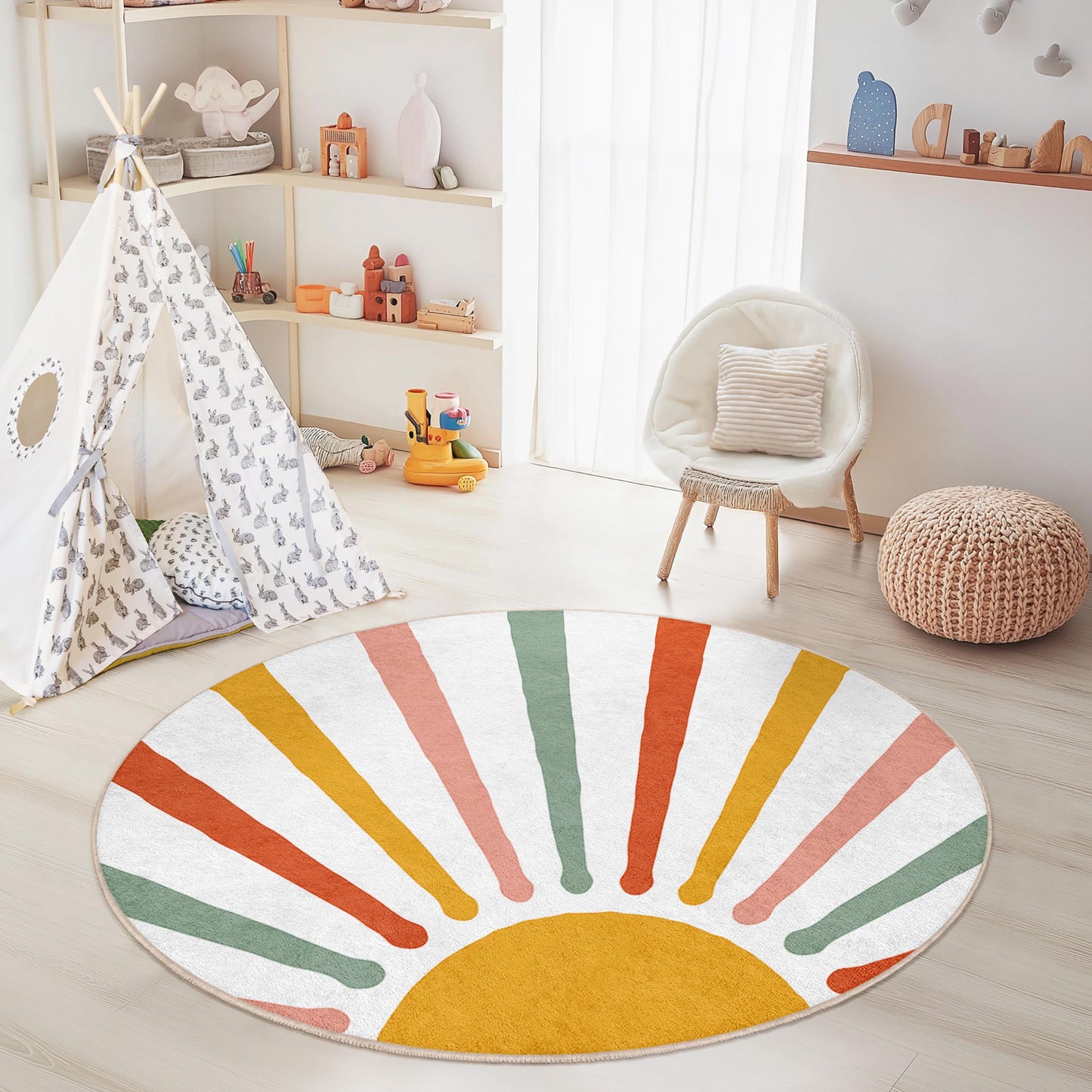 Strahlender runder Kinderteppich mit Sonnenmotiv, farbenfroher Spielzimmerteppich, Kinderzimmerdekoration, weicher runder Teppich, leuchtender Kinderzimmerteppich