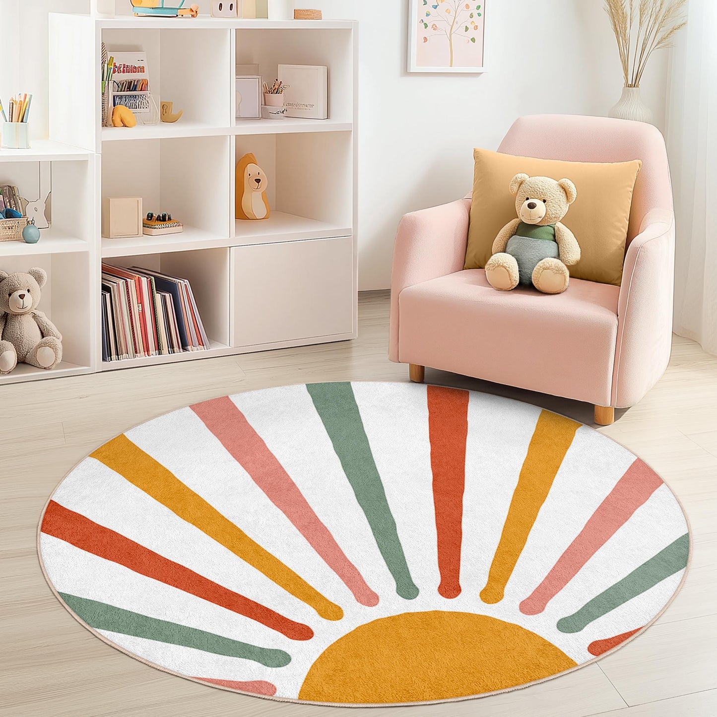 Strahlender runder Kinderteppich mit Sonnenmotiv, farbenfroher Spielzimmerteppich, Kinderzimmerdekoration, weicher runder Teppich, leuchtender Kinderzimmerteppich