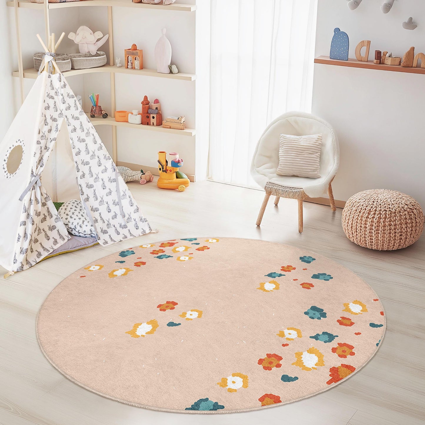 Runder Teppich mit Blumenmuster, Kinderzimmerdeko, weicher runder Teppich, Spielzimmerteppich, Kinderzimmerteppich, Spielmatte für Kinder