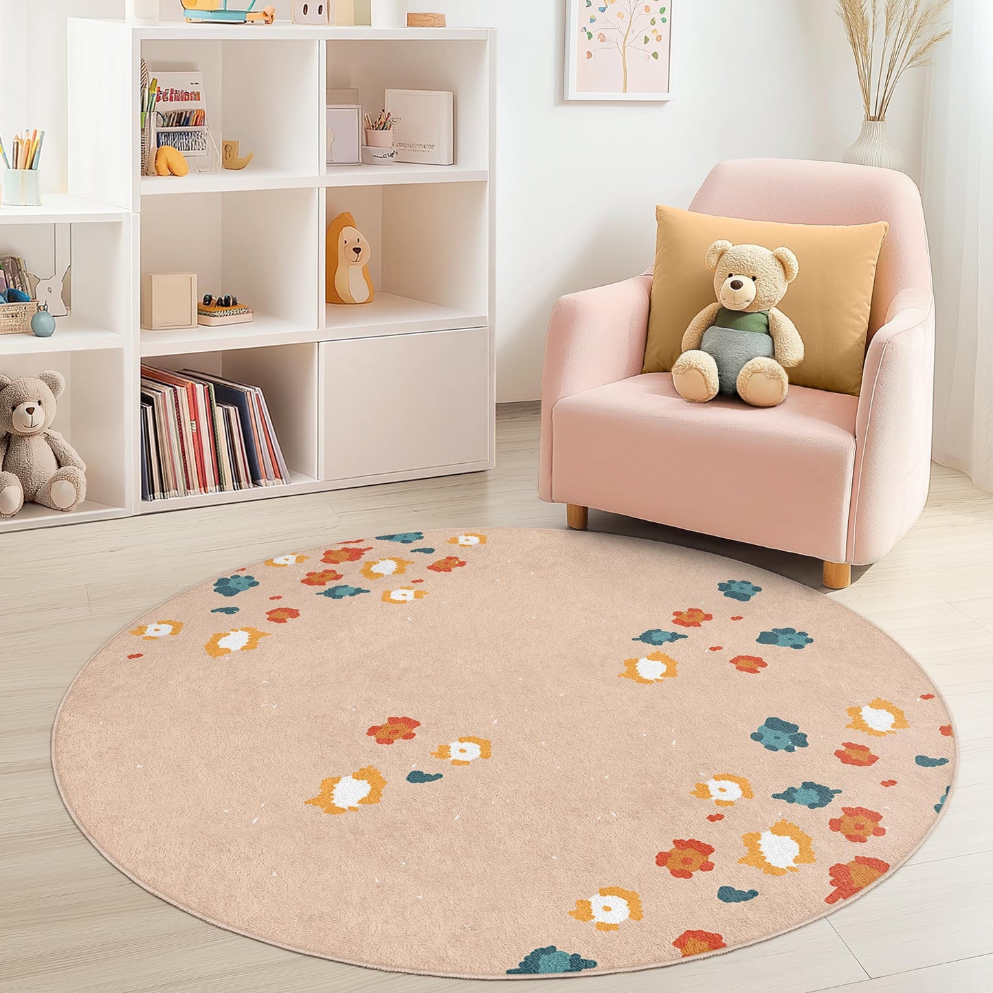 Runder Teppich mit Blumenmuster, Kinderzimmerdeko, weicher runder Teppich, Spielzimmerteppich, Kinderzimmerteppich, Spielmatte für Kinder