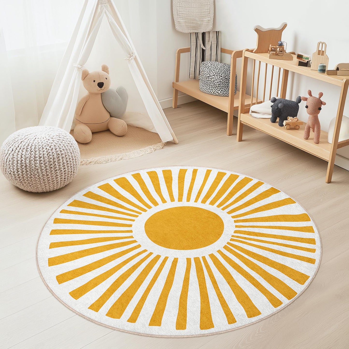 Runder Spielteppich mit Sonnenmotiv, gelber Sonnenkreis-Teppich, runde Spielmatte fürs Kinderzimmer, fröhliche Kinderzimmerdekoration, lustiger Kinderteppich