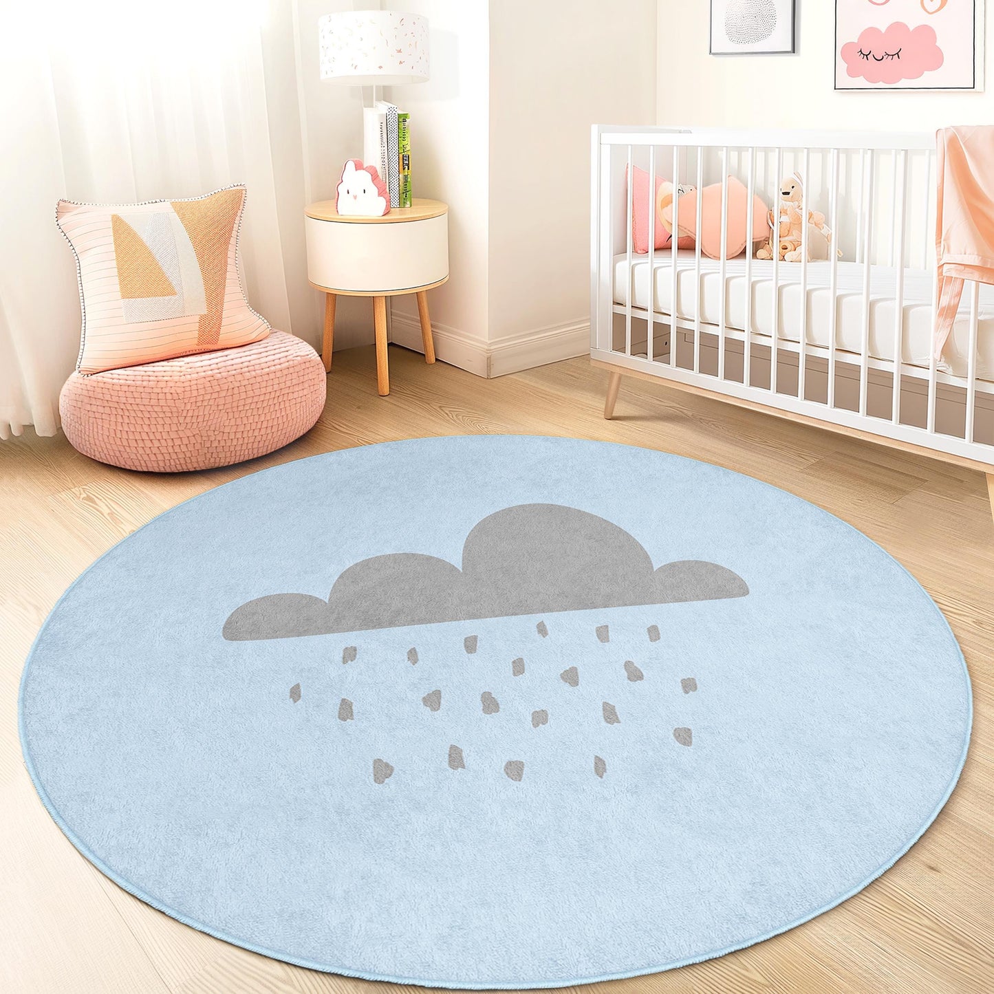 Runder Kinderteppich „Bewölkter Tag“, niedliche Regenwolken-Spielmatte, Kinderzimmerdeko, weicher runder Teppich für Kinderzimmer, Spielzimmerteppich