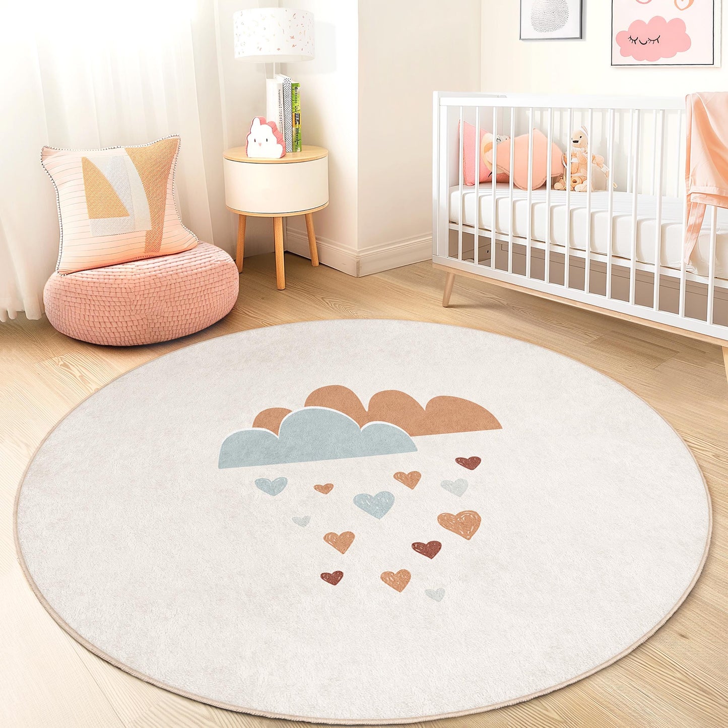 Runder Kinderteppich mit niedlichem Wolken- und Herzmuster, Spielzimmerdeko, weiche Kinderzimmermatte, Babyzimmerteppich, bezaubernder Kinderteppich