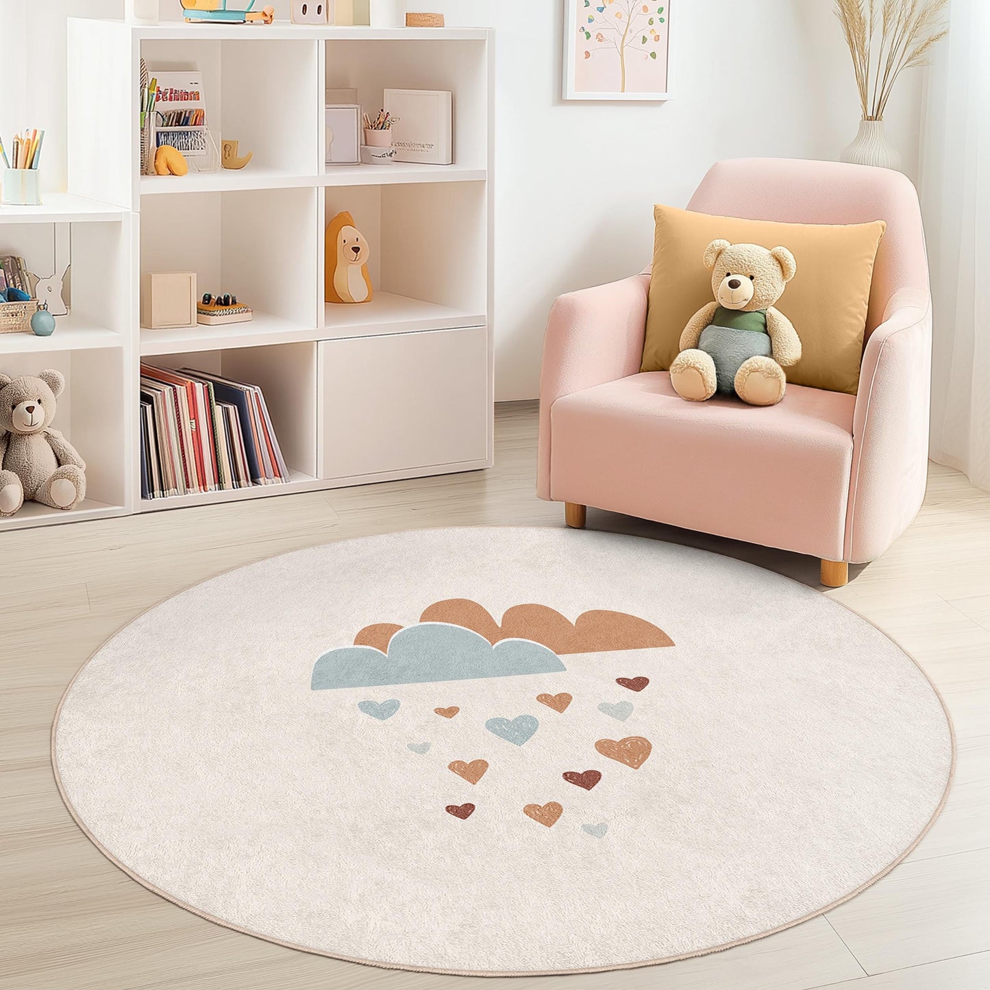Runder Kinderteppich mit niedlichem Wolken- und Herzmuster, Spielzimmerdeko, weiche Kinderzimmermatte, Babyzimmerteppich, bezaubernder Kinderteppich