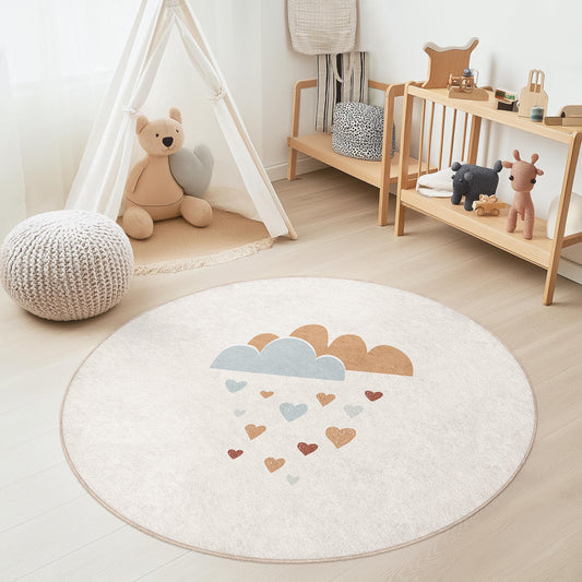 Cute Cloud and Heart Pattern Round Kids Rug, Playroom Decor, Soft Nursery Mat, Baby Room Carpet, Adorable Childrens Rug