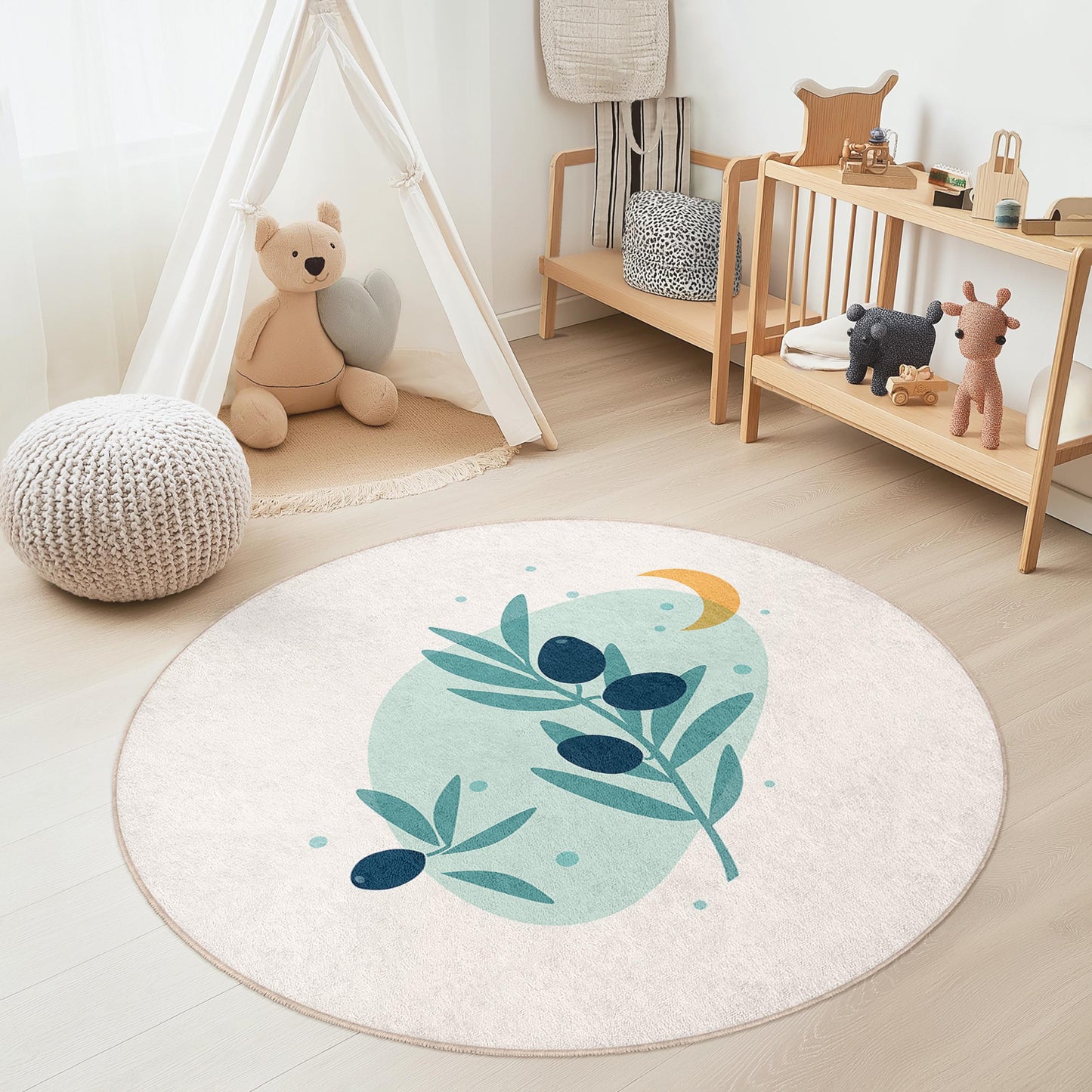 Runder Kinderteppich mit Olivenzweig-Motiv, Naturmotiv fürs Kinderzimmer, weiche Spielmatte, runder Dekoteppich