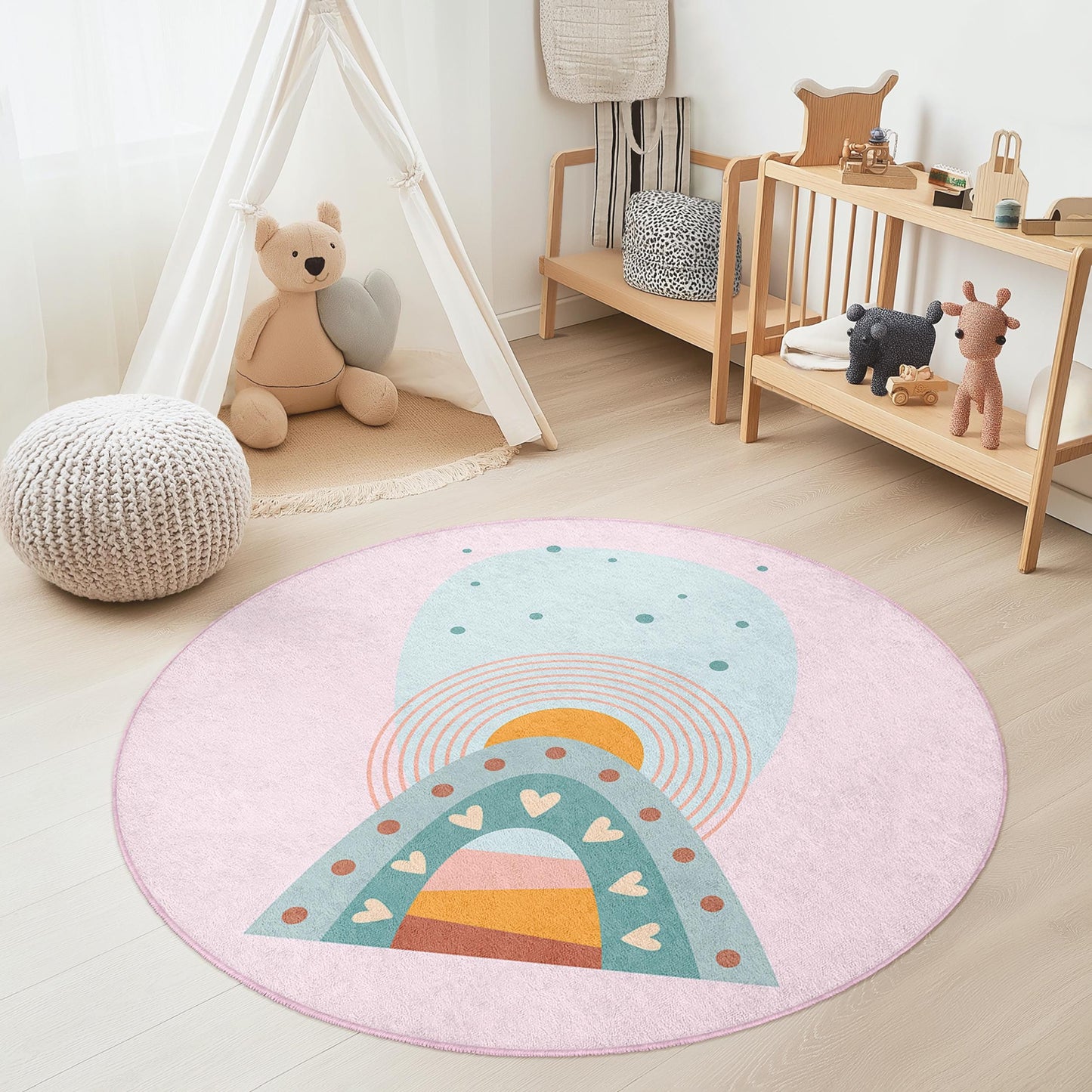 Regenbogenherz-Spielteppich für Kinder, bunte runde Spielmatte, niedliche Kinderzimmerdekoration, Kinderzimmerteppich, weicher Spielzimmerteppich