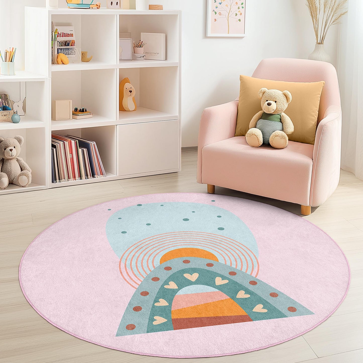 Rainbow Heart Circle Kids Rug, Colorful Round Play Mat, Cute Nursery Decor, Kids Room Carpet, Soft Playroom Rug