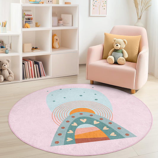 Rainbow Heart Circle Kids Rug, Colorful Round Play Mat, Cute Nursery Decor, Kids Room Carpet, Soft Playroom Rug