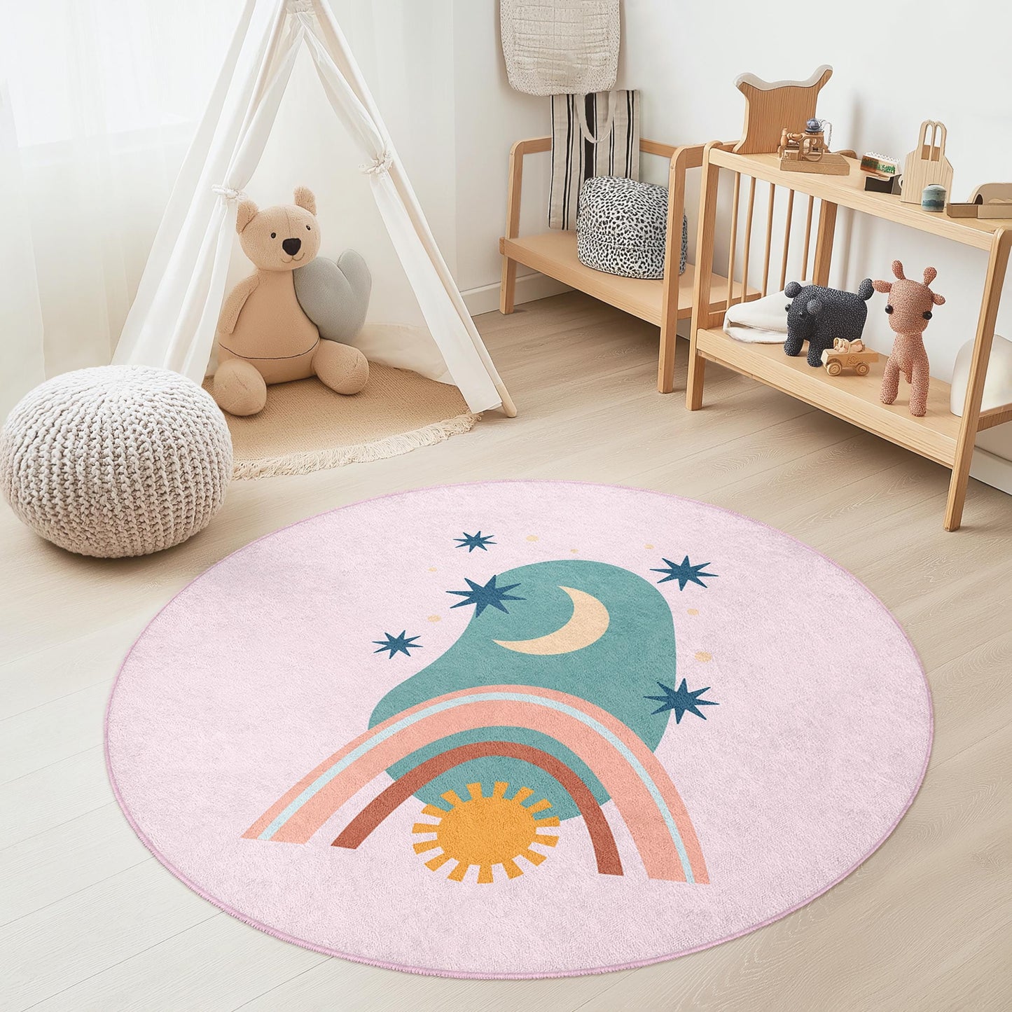 Verspielter runder Kinderteppich mit Regenbogen- und Mondmotiv, farbenfroher Spielzimmerteppich, weiche Kinderzimmerdekoration, Spielmatte für Kleinkinder, Kinderzimmerdesign