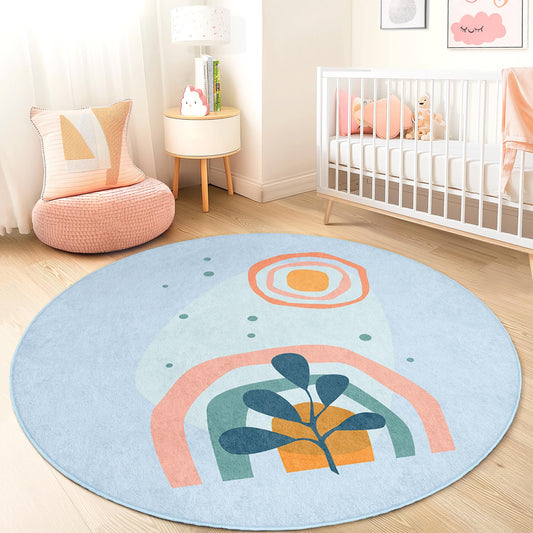 Abstract Sun and Plant Round Kids Rug, Colorful Playroom Decor, Soft Nursery Carpet, Round Area Rug for Children's Room