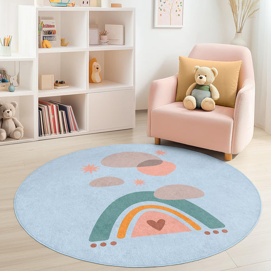Rainbow Dreams Round Kids Rug, Colorful Play Mat for Children's Room, Nursery Decor, Soft Round Carpet for Playroom