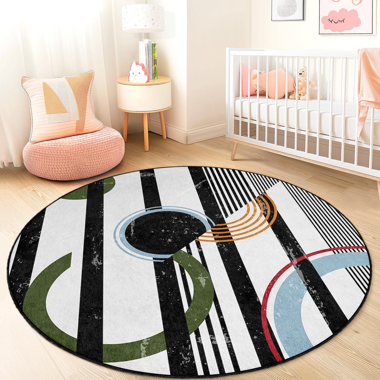 Moderner geometrischer runder Teppich, abstraktes Kreisdesign, Boho-Stil-Teppich für Kinderzimmer, Spielzimmer-Dekoration, weicher runder Teppich