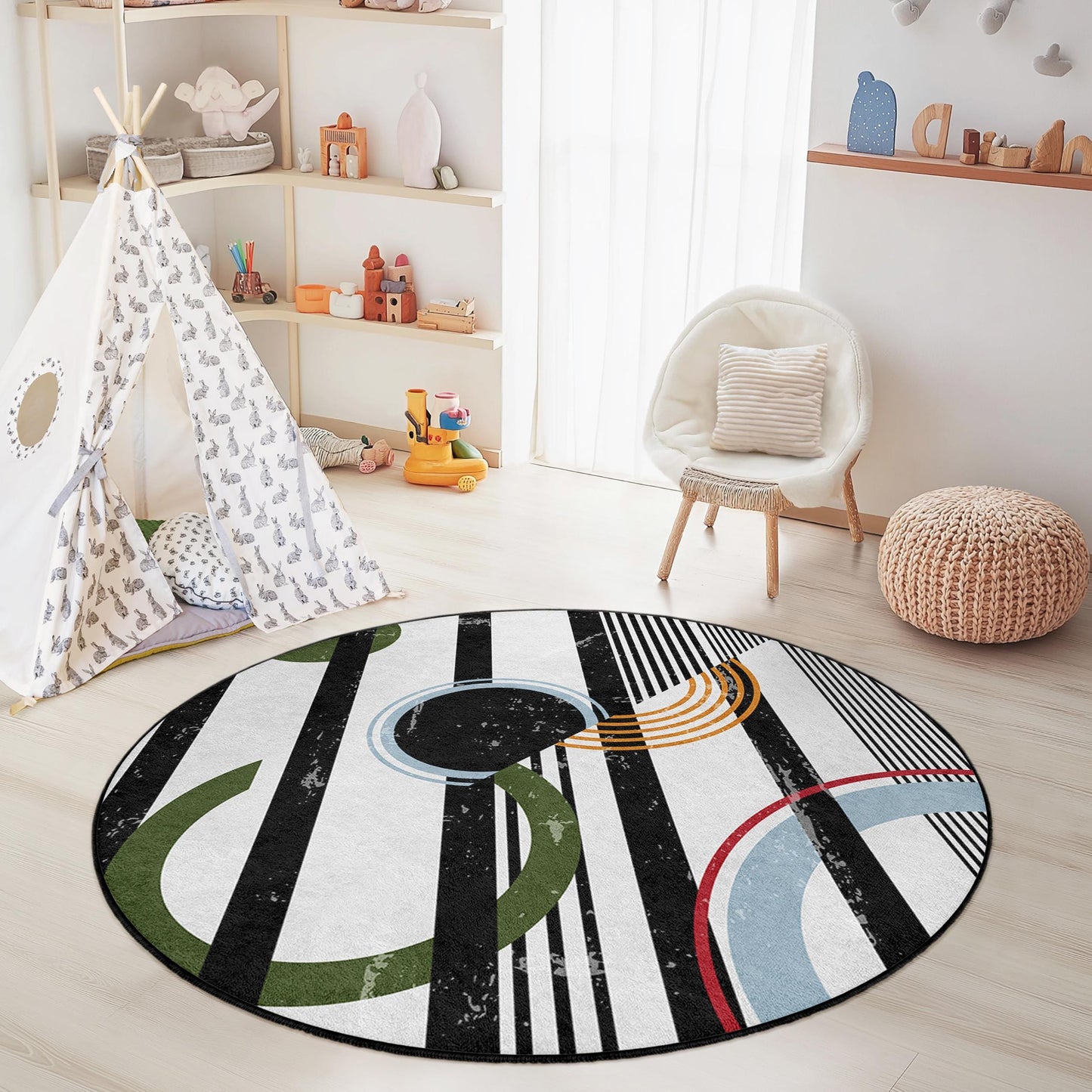 Moderner geometrischer runder Teppich, abstraktes Kreisdesign, Boho-Stil-Teppich für Kinderzimmer, Spielzimmer-Dekoration, weicher runder Teppich