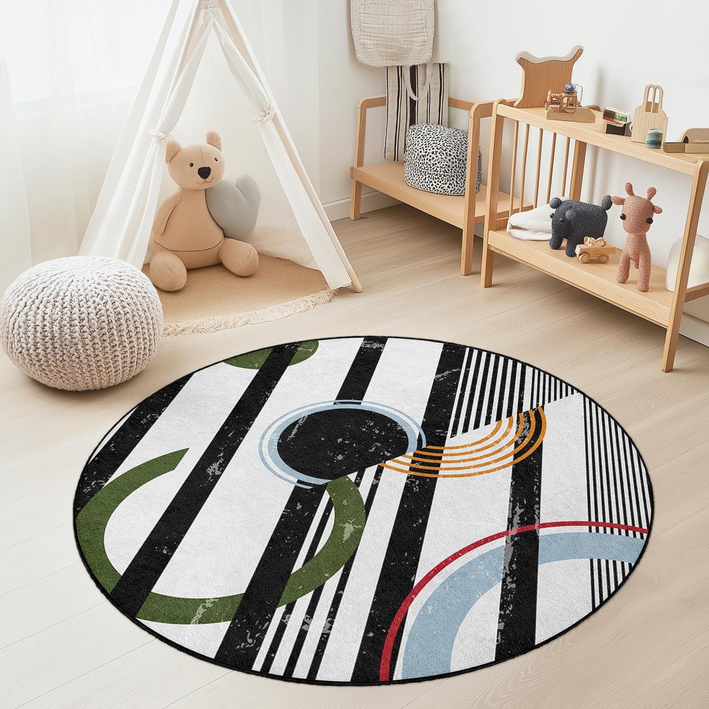 Moderner geometrischer runder Teppich, abstraktes Kreisdesign, Boho-Stil-Teppich für Kinderzimmer, Spielzimmer-Dekoration, weicher runder Teppich