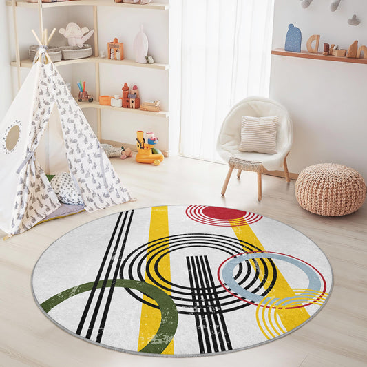 Colorful Geometric Round Kids Rug, Modern Circle Design Play Mat, Soft Round Carpet for Nursery, Playroom Decor, Fun Kids Room Accessory