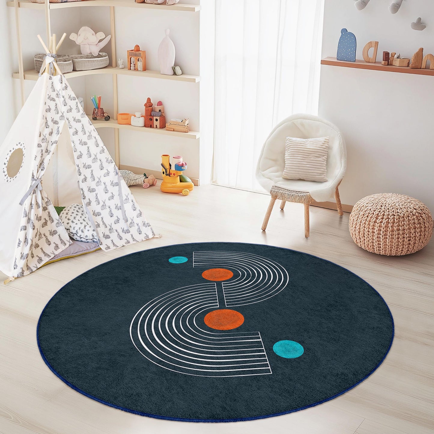 Geometrischer runder Teppich, moderner Kreisteppich, Kinderzimmerdeko, Spielzimmerteppich, weicher runder Teppich, stilvoller Kinderzimmerteppich
