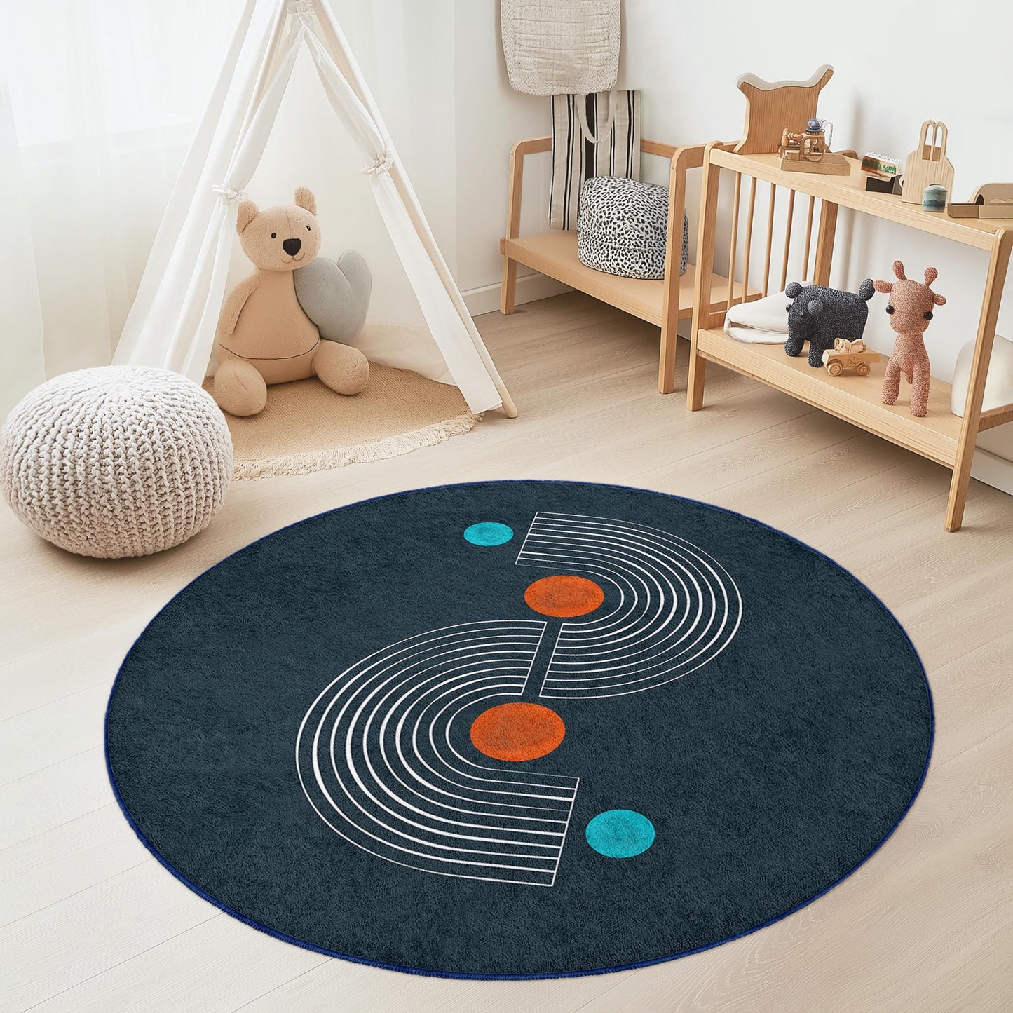 Geometrischer runder Teppich, moderner Kreisteppich, Kinderzimmerdeko, Spielzimmerteppich, weicher runder Teppich, stilvoller Kinderzimmerteppich