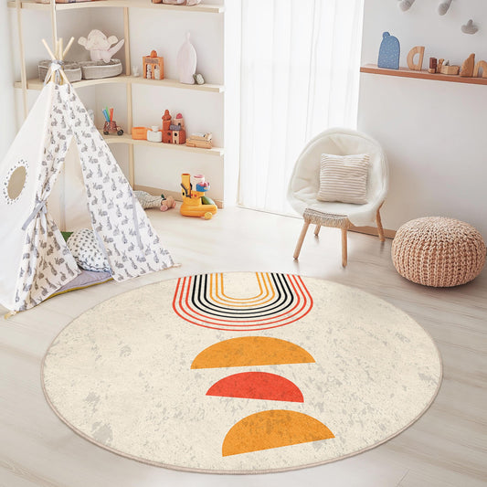 Colorful Retro Circle Area Rug, Round Boho Carpet for Kids Room, Playroom Decor, Modern Nursery Rug, Soft Circle Floor Mat