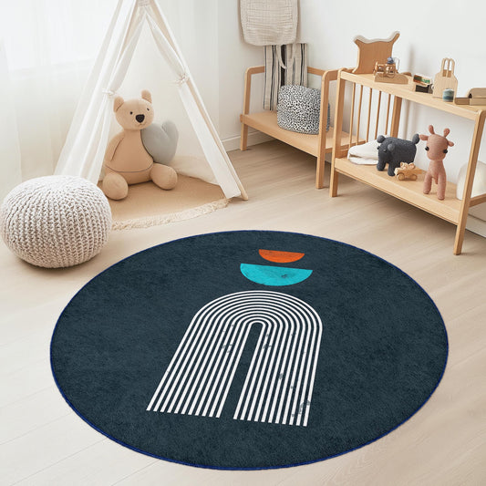 Colorful Geometric Round Area Rug, Modern Round Carpet for Kids' Room, Playroom Decor, Soft Nursery Rug, Unique Kids' Mat