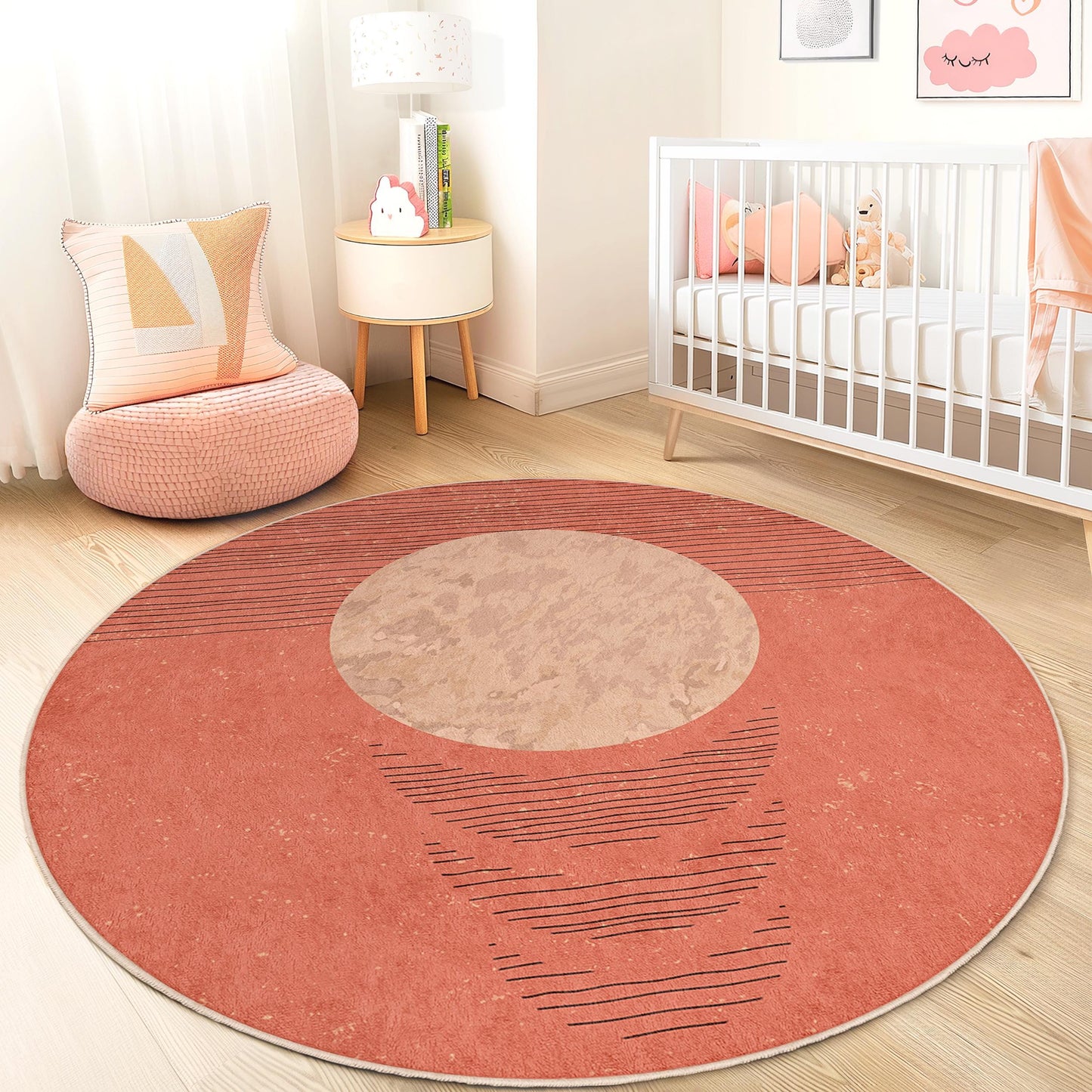 Moderner runder Teppich, runder Teppich mit geometrischem Muster, weicher runder Teppich für Kinderzimmer, Boho-Kinderzimmerdeko, Spielzimmermatte