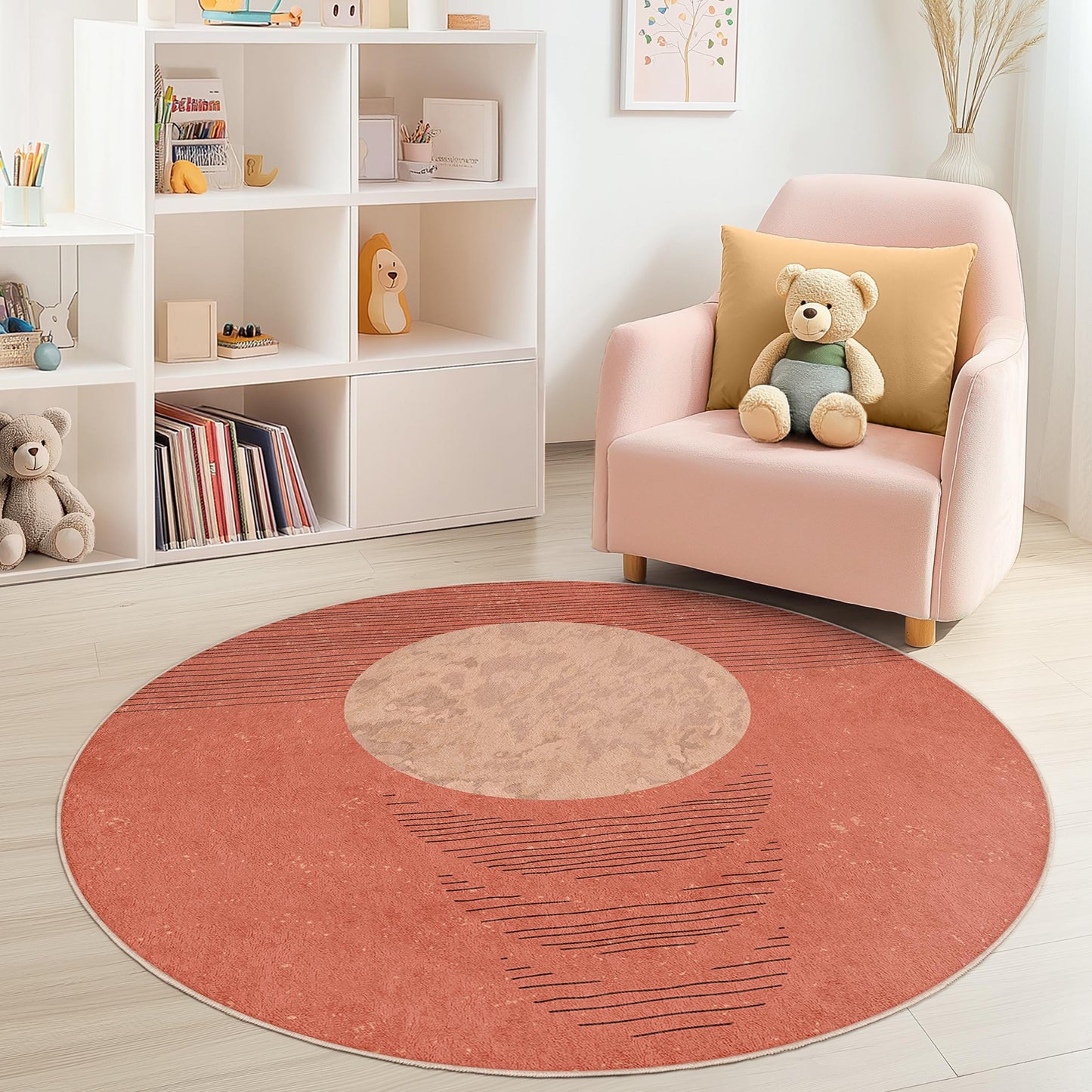 Moderner runder Teppich, runder Teppich mit geometrischem Muster, weicher runder Teppich für Kinderzimmer, Boho-Kinderzimmerdeko, Spielzimmermatte