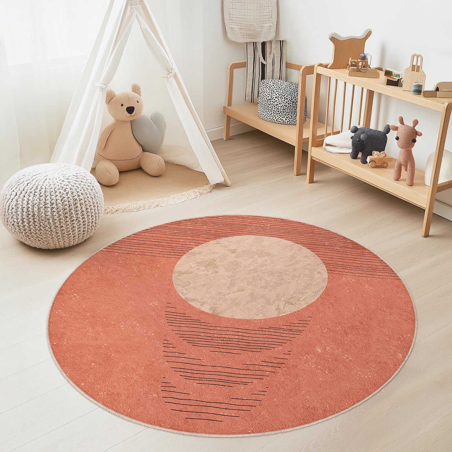 Moderner runder Teppich, runder Teppich mit geometrischem Muster, weicher runder Teppich für Kinderzimmer, Boho-Kinderzimmerdeko, Spielzimmermatte