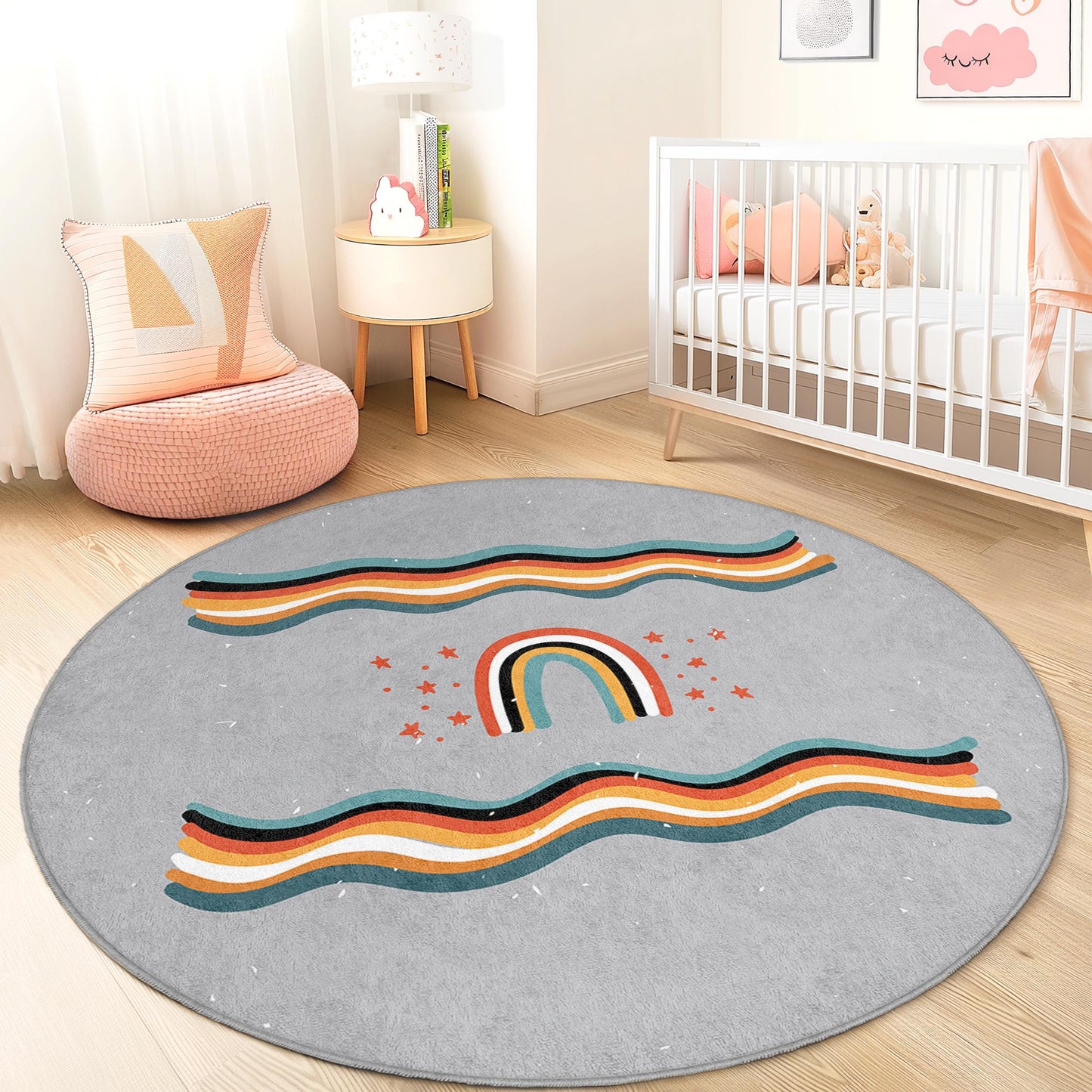 Runder Kinderteppich „Regenbogenwellen“, verspielter runder Teppich, farbenfrohe Kinderzimmerdekoration, weicher Kinderzimmerteppich, Spielmatte für Kinder
