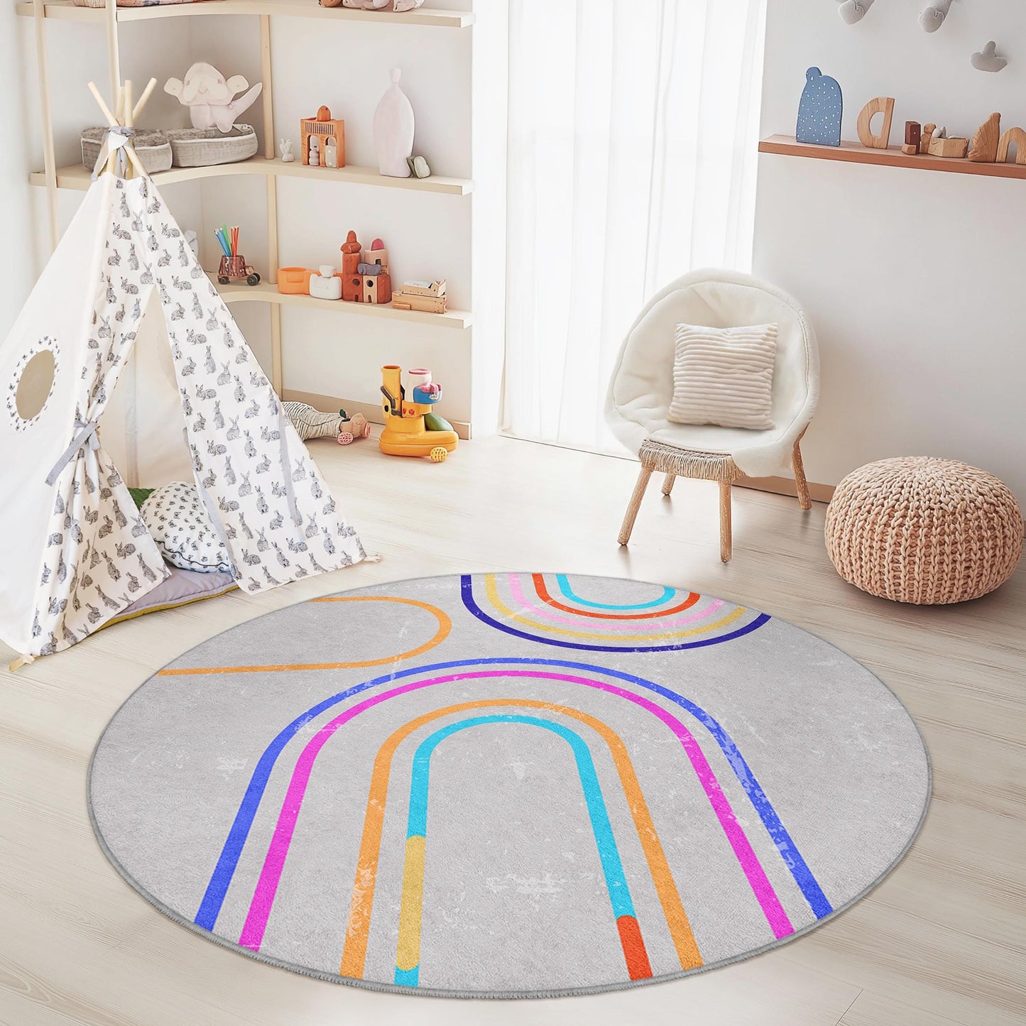 Bunter Regenbogen-Runder Kinderteppich, Verspielter Kreisteppich, Kinderzimmerdeko, Weiche Spielmatte, Kinderzimmerteppich, Lebendiger Kinderteppich