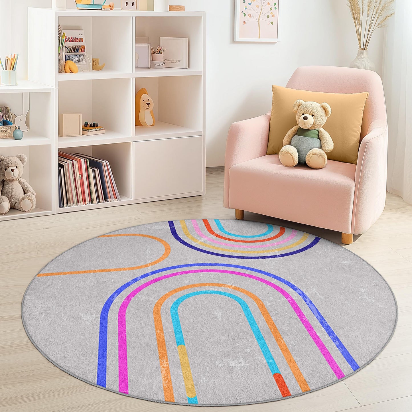 Bunter Regenbogen-Runder Kinderteppich, Verspielter Kreisteppich, Kinderzimmerdeko, Weiche Spielmatte, Kinderzimmerteppich, Lebendiger Kinderteppich
