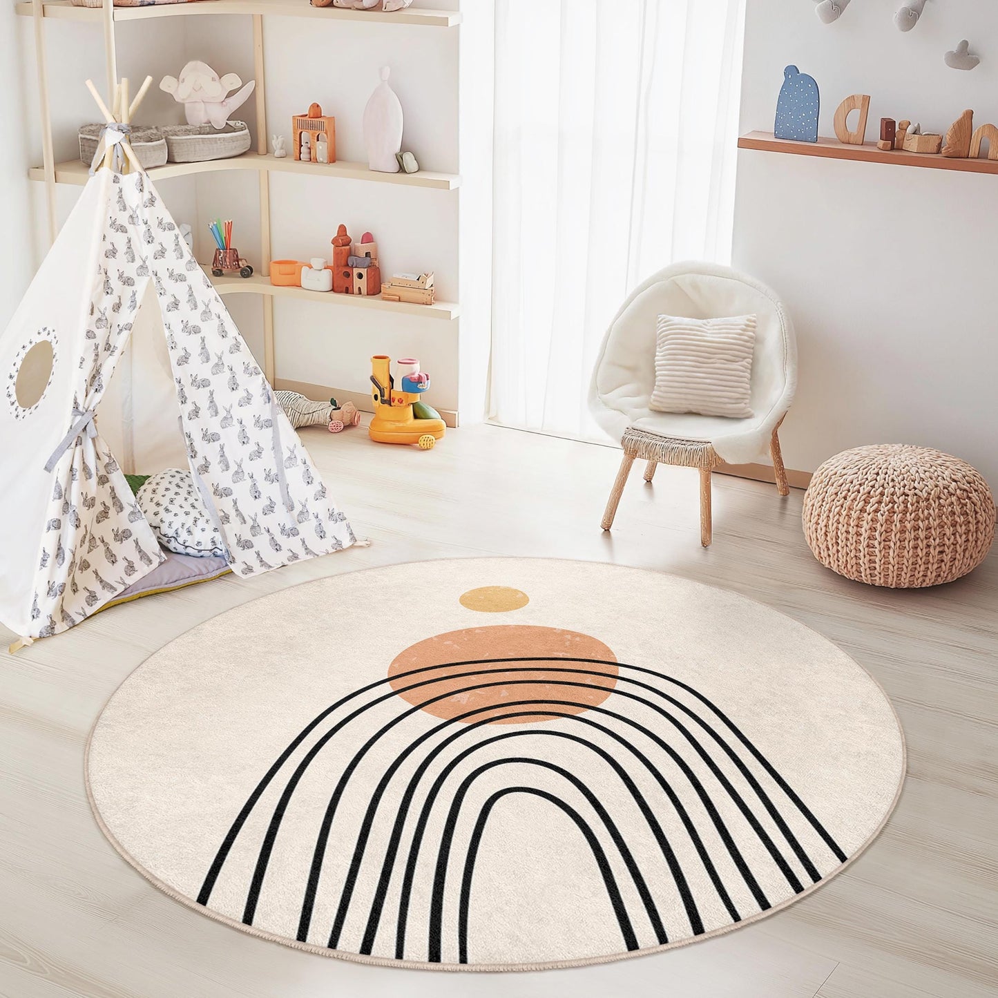 Regenbogenfarbener, abstrakter runder Teppich, Boho-Kinderzimmerdeko, Spielmatte fürs Kinderzimmer, weicher Spielzimmerteppich, moderner runder Teppich