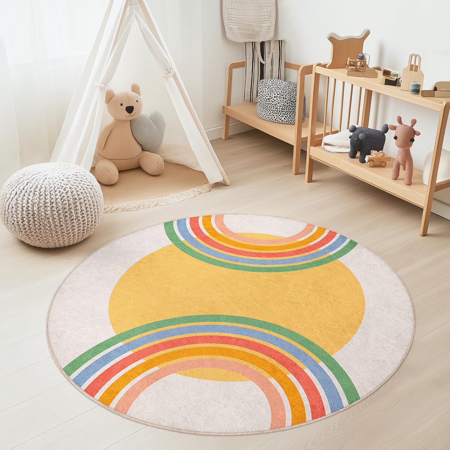 Regenbogenkreis-Spielteppich für Kinder, runder, bunter Kinderzimmerteppich, Spielzimmerdekoration, weicher Kinderteppich, Spielmatte für Kleinkinder, fantasievoller Spielteppich
