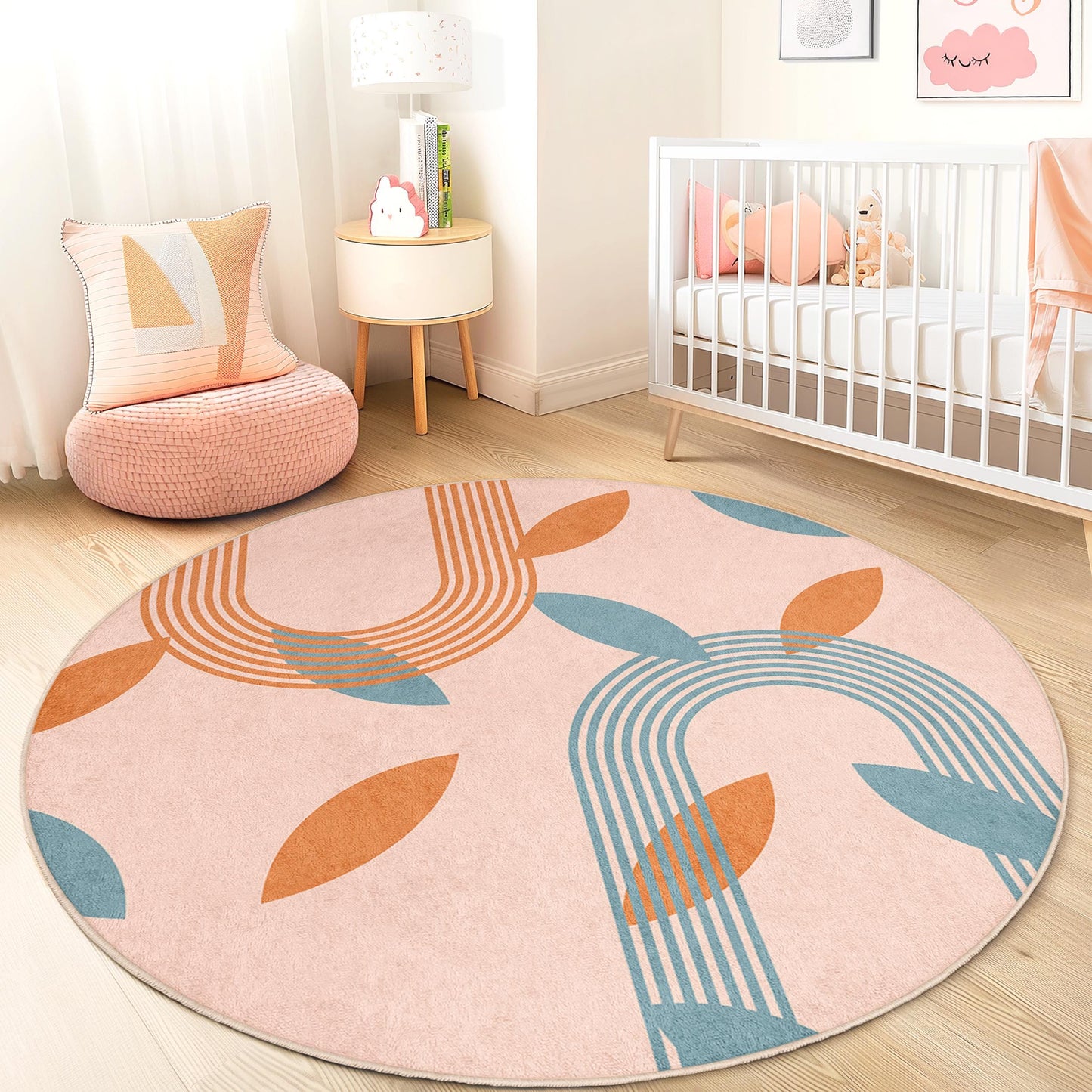 Moderner runder Teppich mit geometrischem Muster, Kinderzimmerteppich mit Blattmuster, weiche Spielmatte für Babyzimmer und Spielzimmer, stilvoller runder Teppich