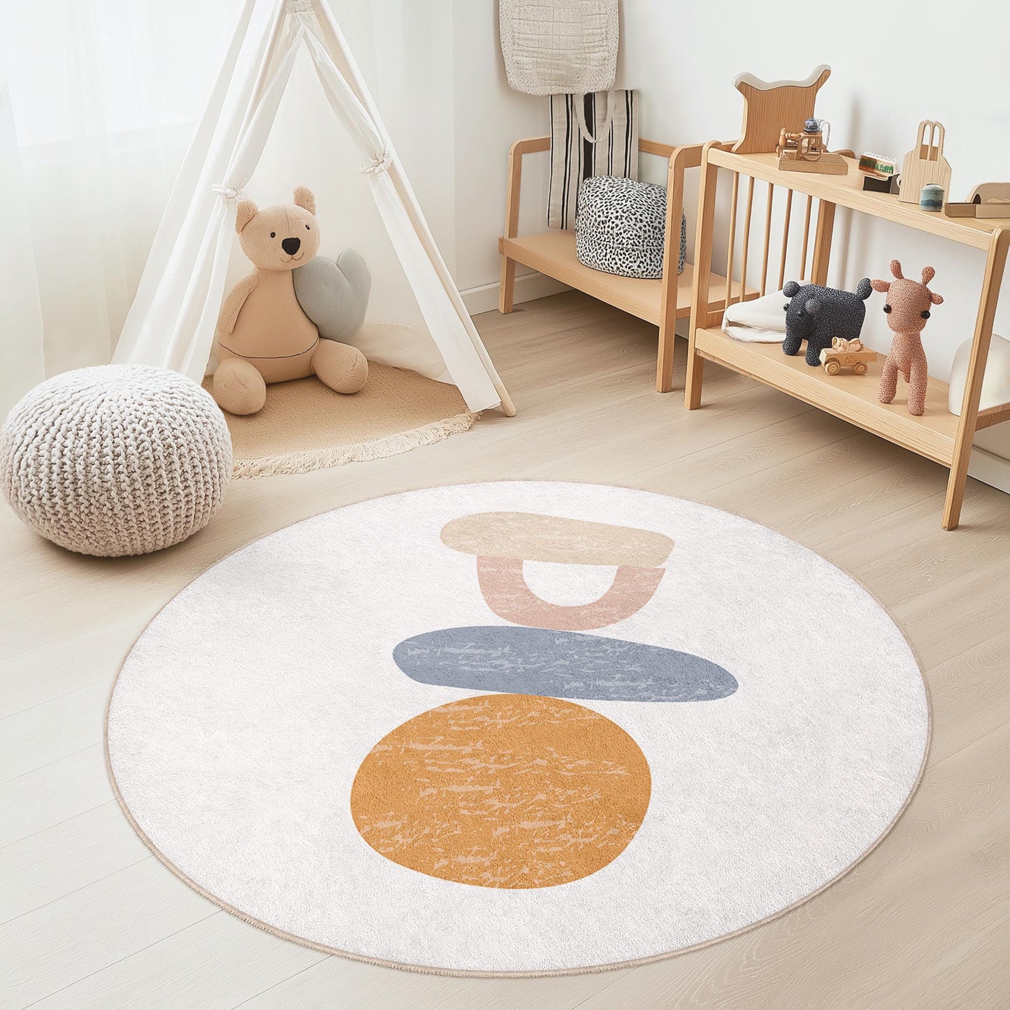 Abstrakter runder Kinderteppich, weicher Kinderzimmerteppich, Spielzimmerdekoration, moderne Spielmatte, Babyzimmerteppich, farbenfroher runder Teppich
