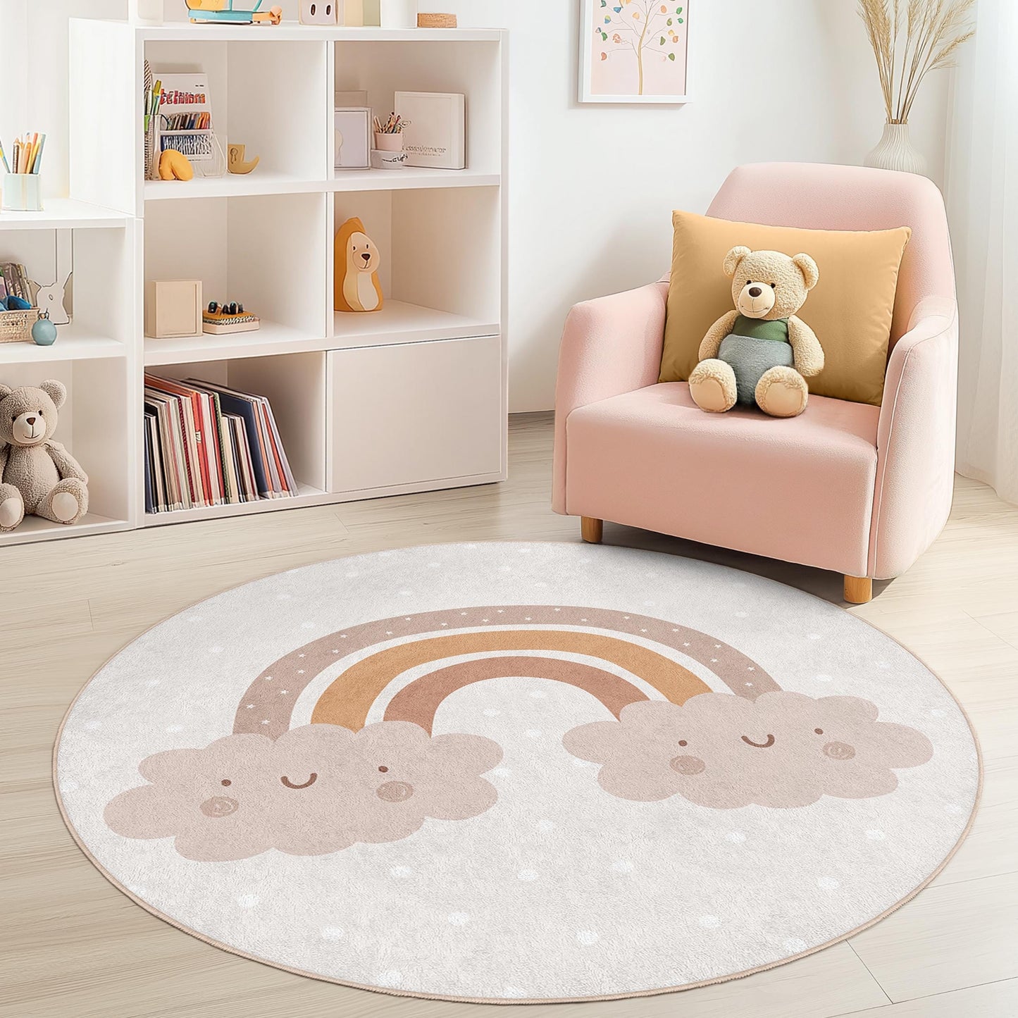 Niedlicher runder Kinderteppich mit Regenbogenwolken, verspielte Kinderzimmerdekoration, weicher runder Teppich fürs Kinderzimmer, kuschelige Spielmatte, Kinderzimmeraccessoires