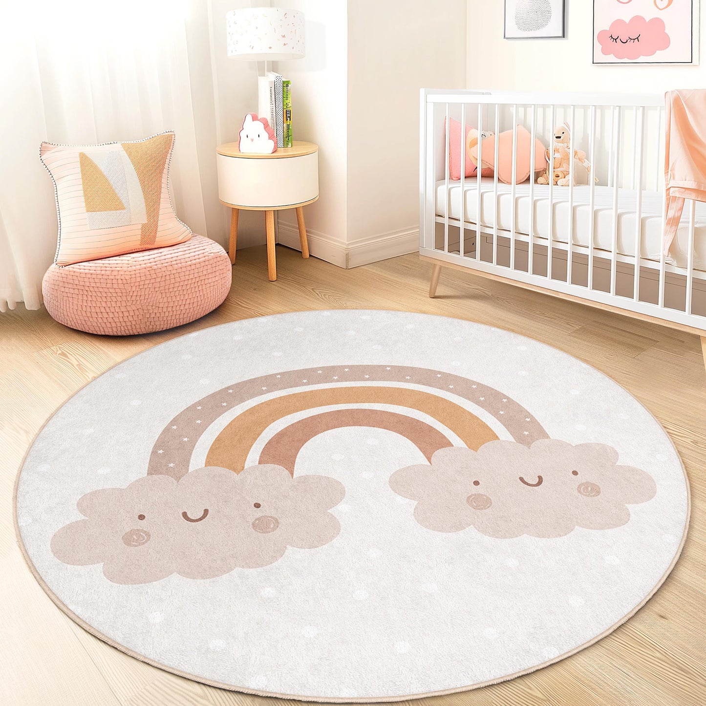 Niedlicher runder Kinderteppich mit Regenbogenwolken, verspielte Kinderzimmerdekoration, weicher runder Teppich fürs Kinderzimmer, kuschelige Spielmatte, Kinderzimmeraccessoires