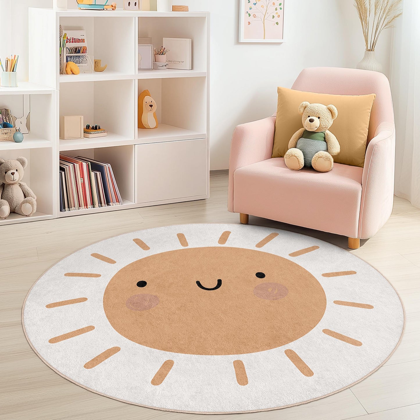 Runder Kinderteppich mit niedlichem Sonnenmotiv, verspieltes Sonnendesign, Kinderzimmerdeko, runder Teppich fürs Babyzimmer, Spielzimmer-Bodenmatte