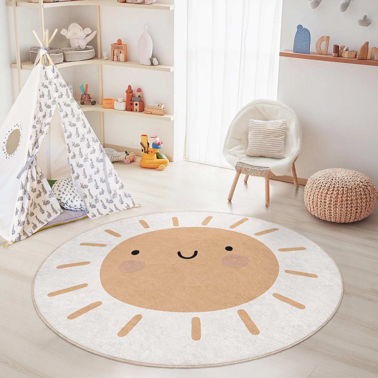 Runder Kinderteppich mit niedlichem Sonnenmotiv, verspieltes Sonnendesign, Kinderzimmerdeko, runder Teppich fürs Babyzimmer, Spielzimmer-Bodenmatte