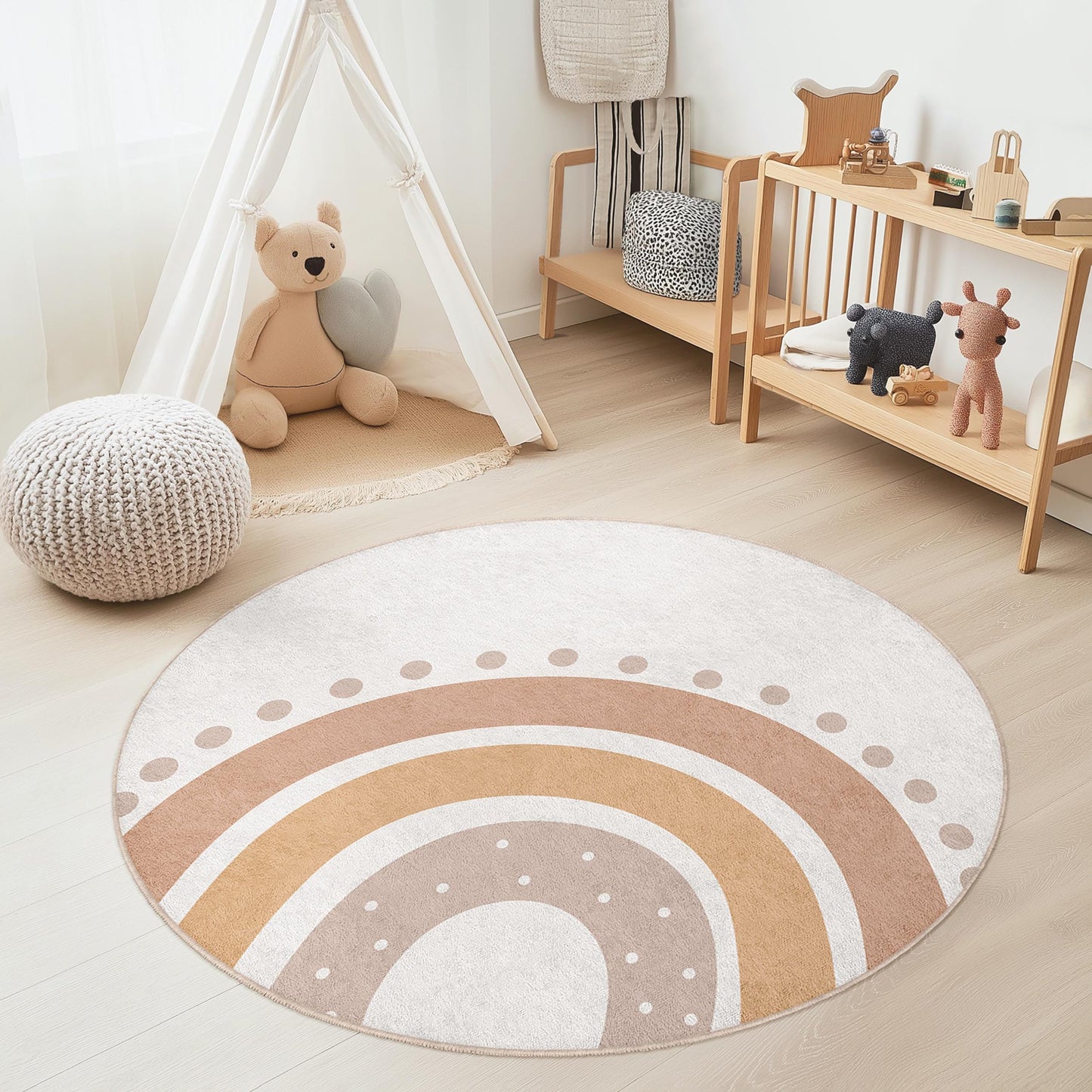 Runder Boho-Regenbogen-Kinderteppich, weicher Kinderzimmerteppich, Spielzimmerdeko, runde Spielmatte, Kinderzimmerteppich, Babyzimmerteppich, gemütliche Kinderzimmerdeko