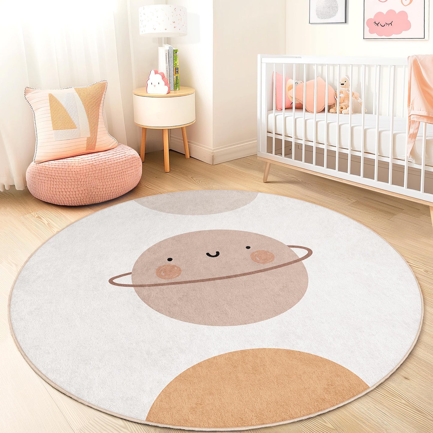 Niedlicher runder Kinderteppich mit Planetenmotiv, Spielmatte mit Weltraummotiv, Spielzimmerdeko, weicher runder Teppich für Kinder, bezaubernder Planetenteppich