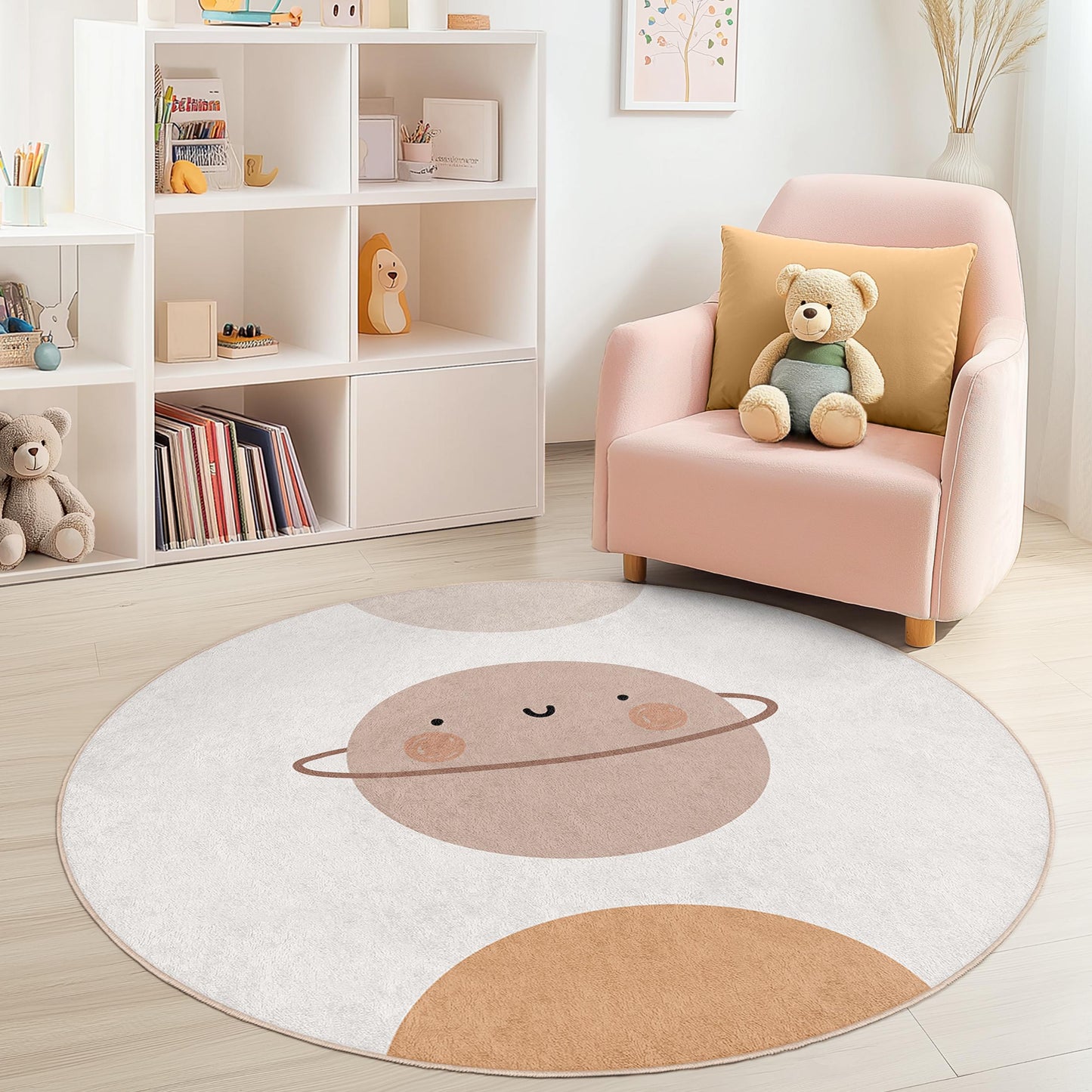 Niedlicher runder Kinderteppich mit Planetenmotiv, Spielmatte mit Weltraummotiv, Spielzimmerdeko, weicher runder Teppich für Kinder, bezaubernder Planetenteppich