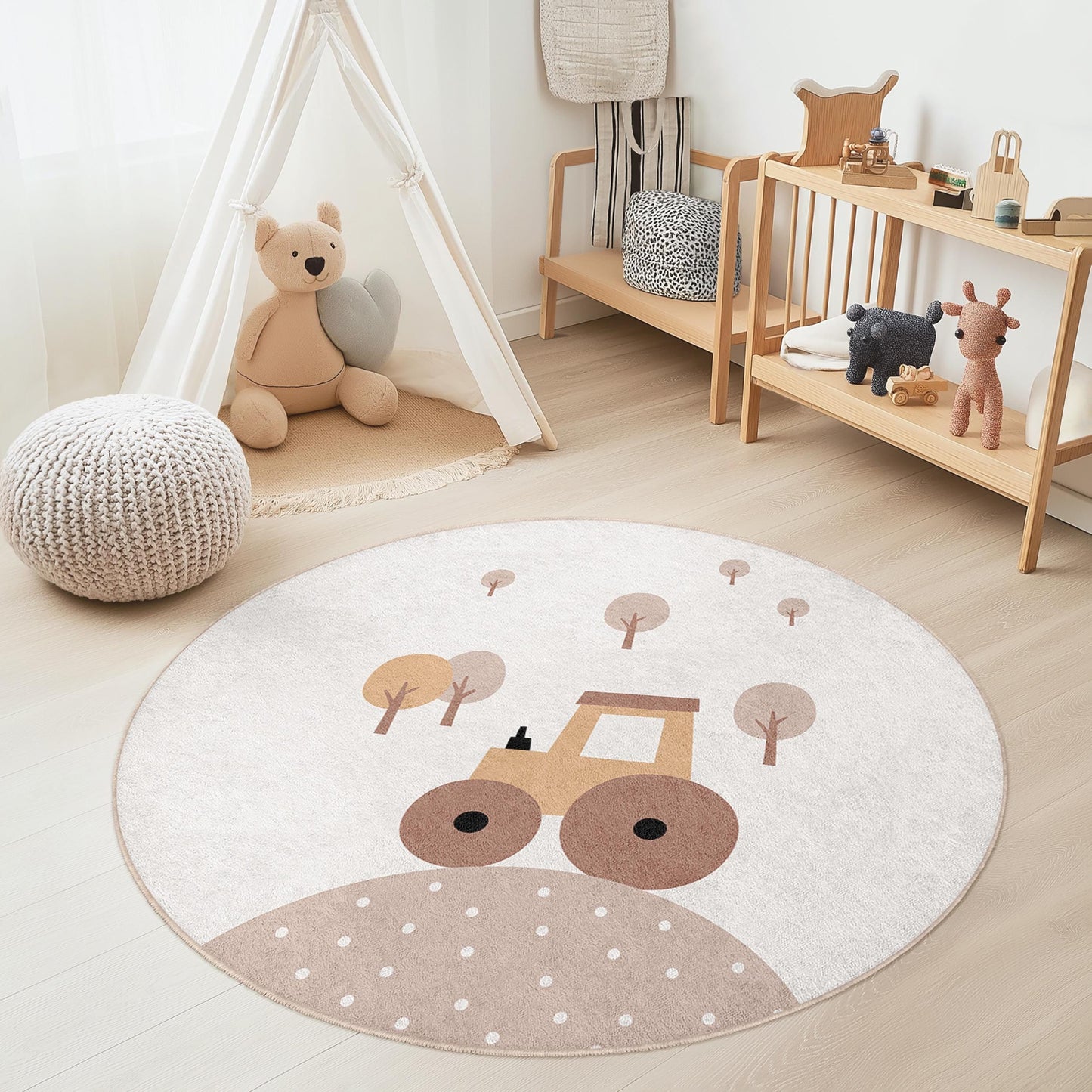 Niedlicher runder Traktor-Kinderteppich, Spielmatte mit Bauernhoftieren, Kinderzimmerdeko, runder Kinderteppich, weicher Spielzimmerteppich, gemütliches Kinderzimmeraccessoire